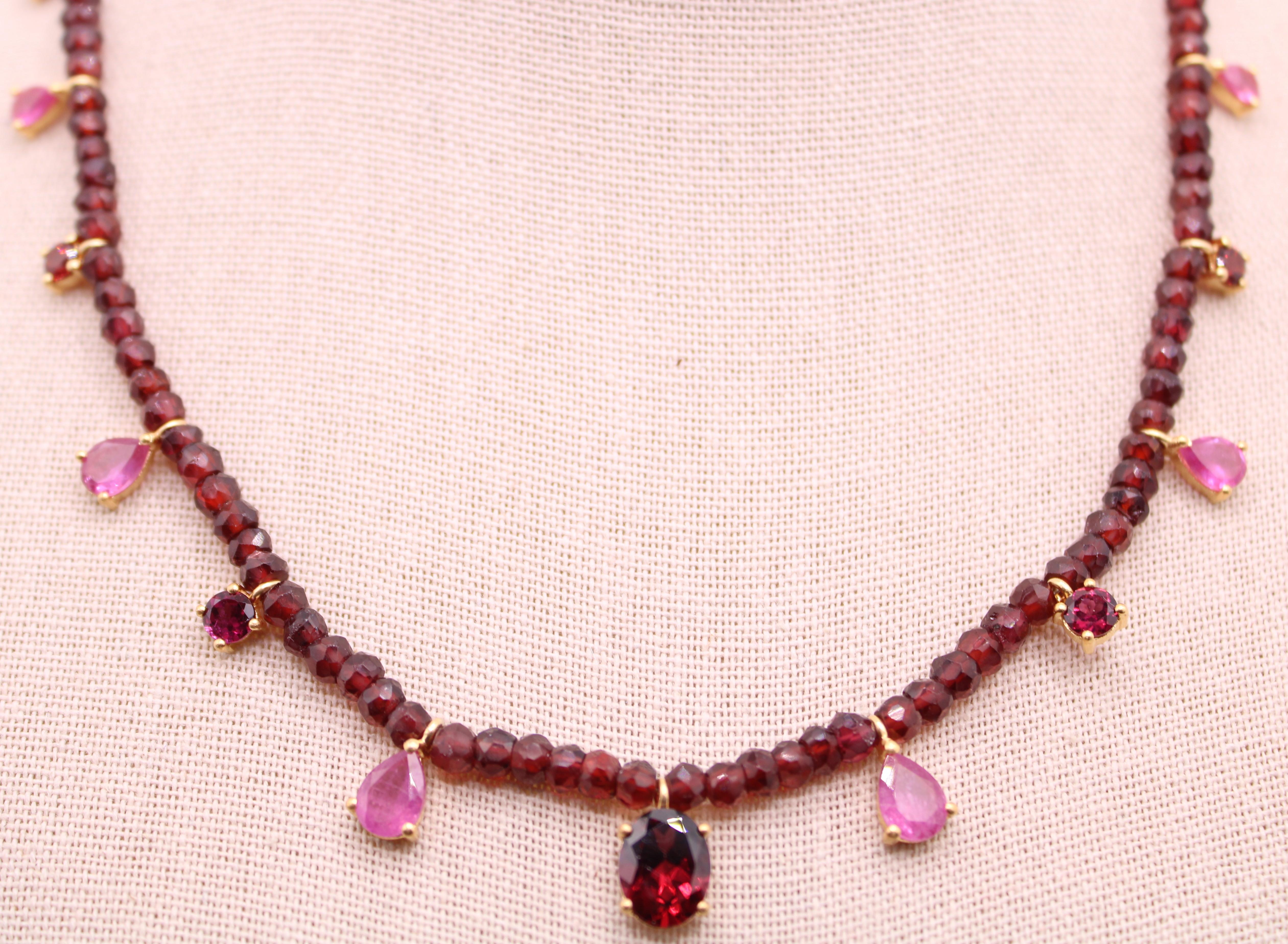 Modern 11.17 Carat Ruby and Garnet Gemstone Beaded Necklace  For Sale