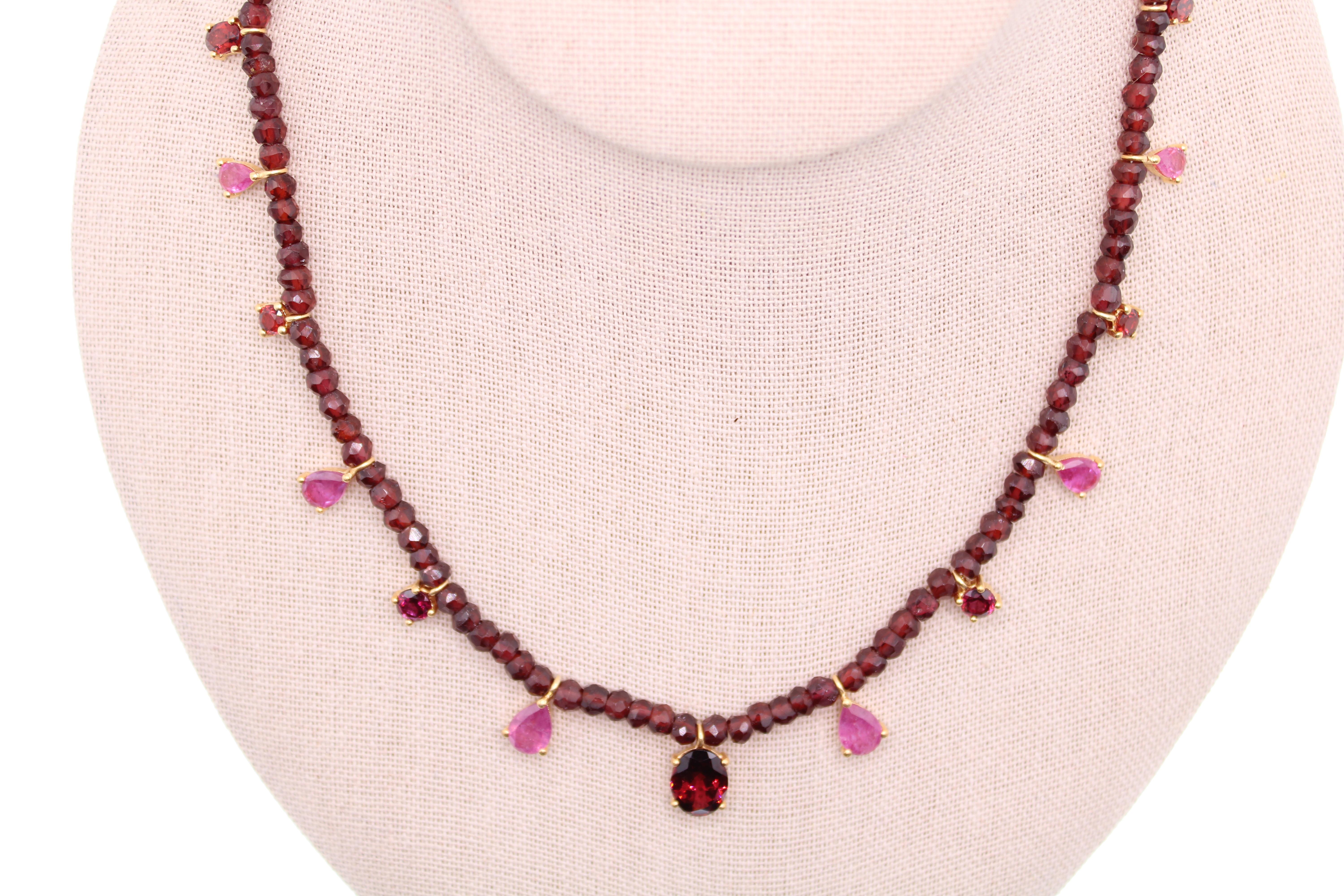 Oval Cut 11.17 Carat Ruby and Garnet Gemstone Beaded Necklace  For Sale