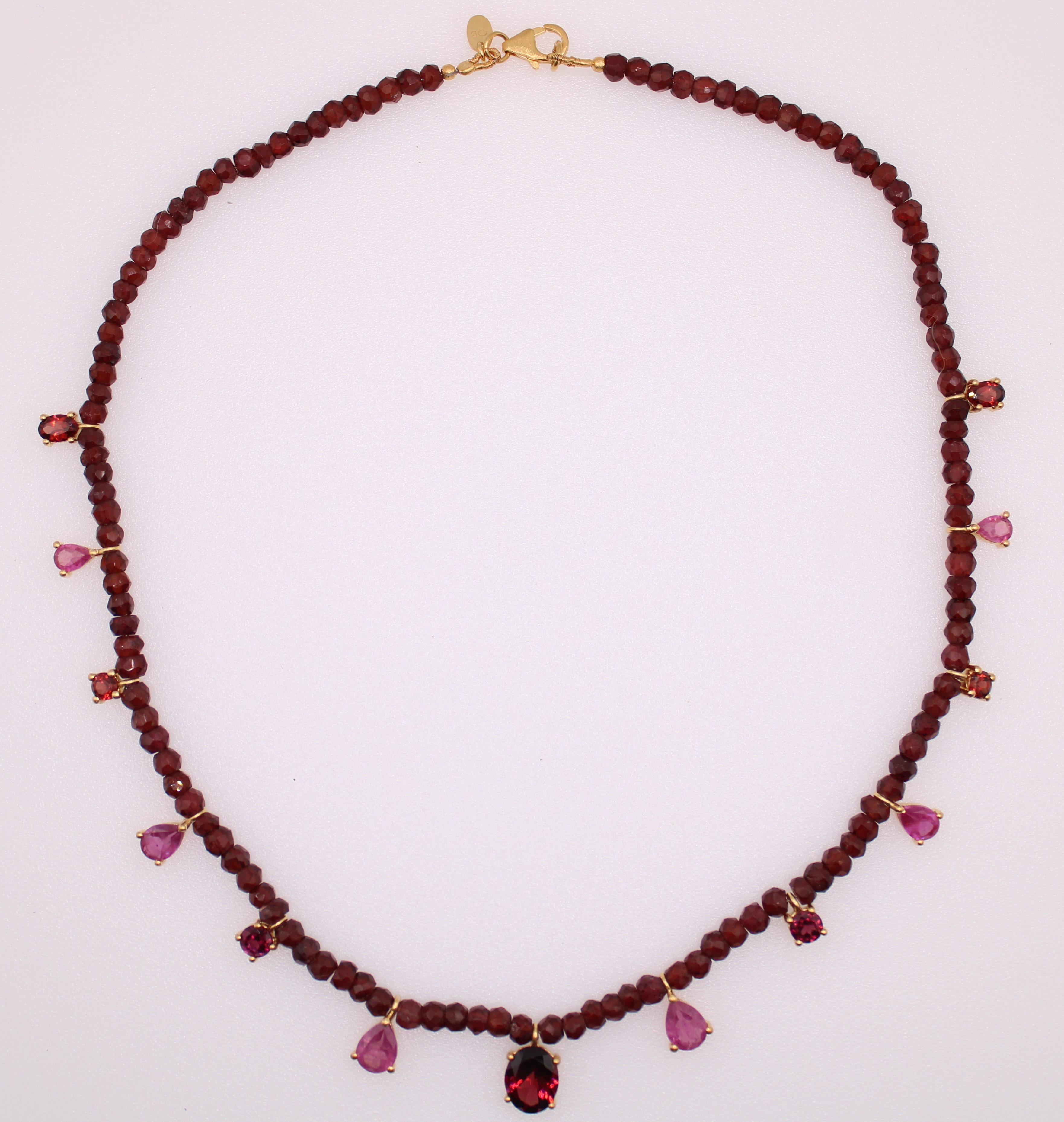 11.17 Carat Ruby and Garnet Gemstone Beaded Necklace  In New Condition In Amagansett, NY