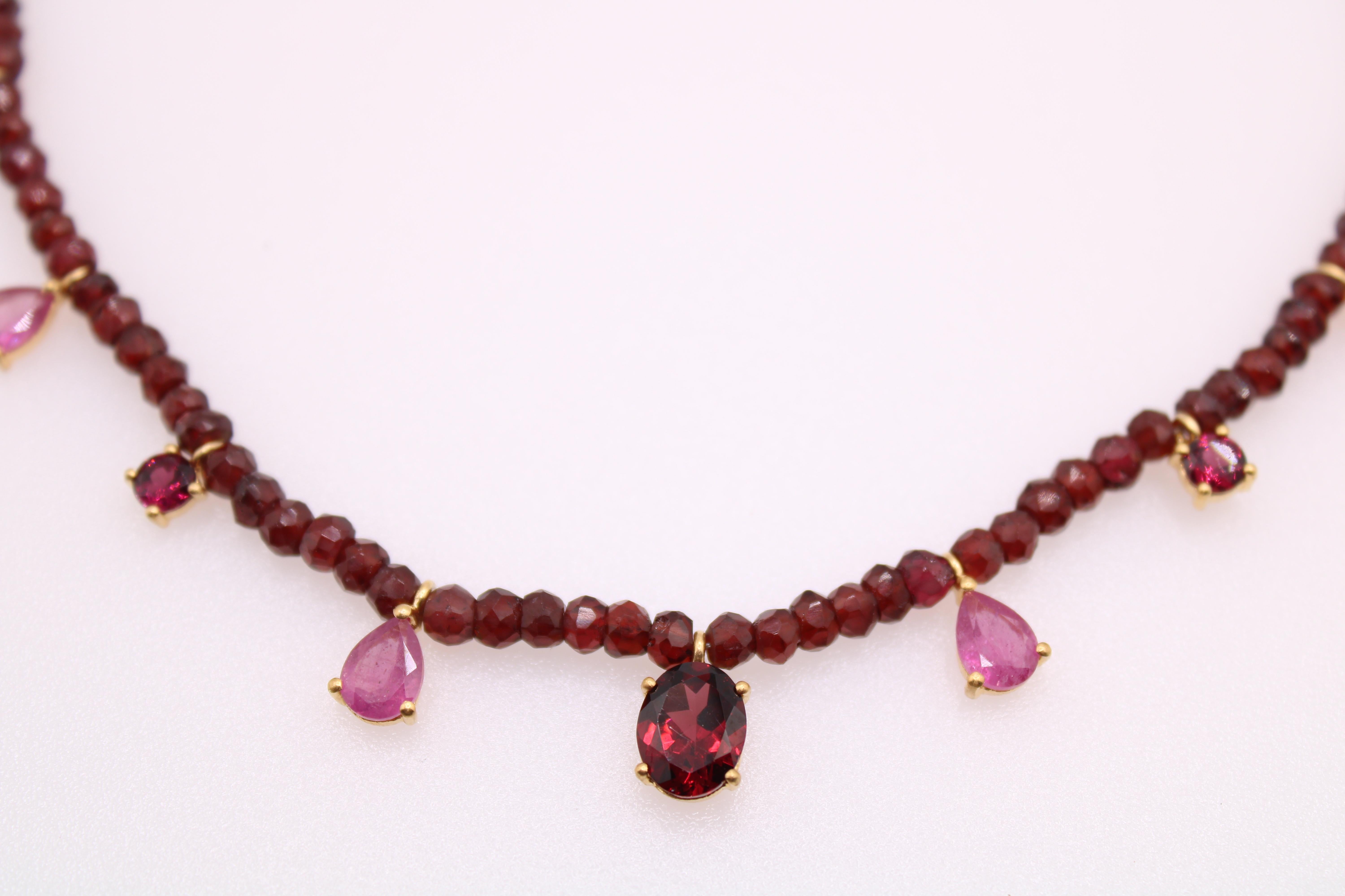 Women's 11.17 Carat Ruby and Garnet Gemstone Beaded Necklace  For Sale