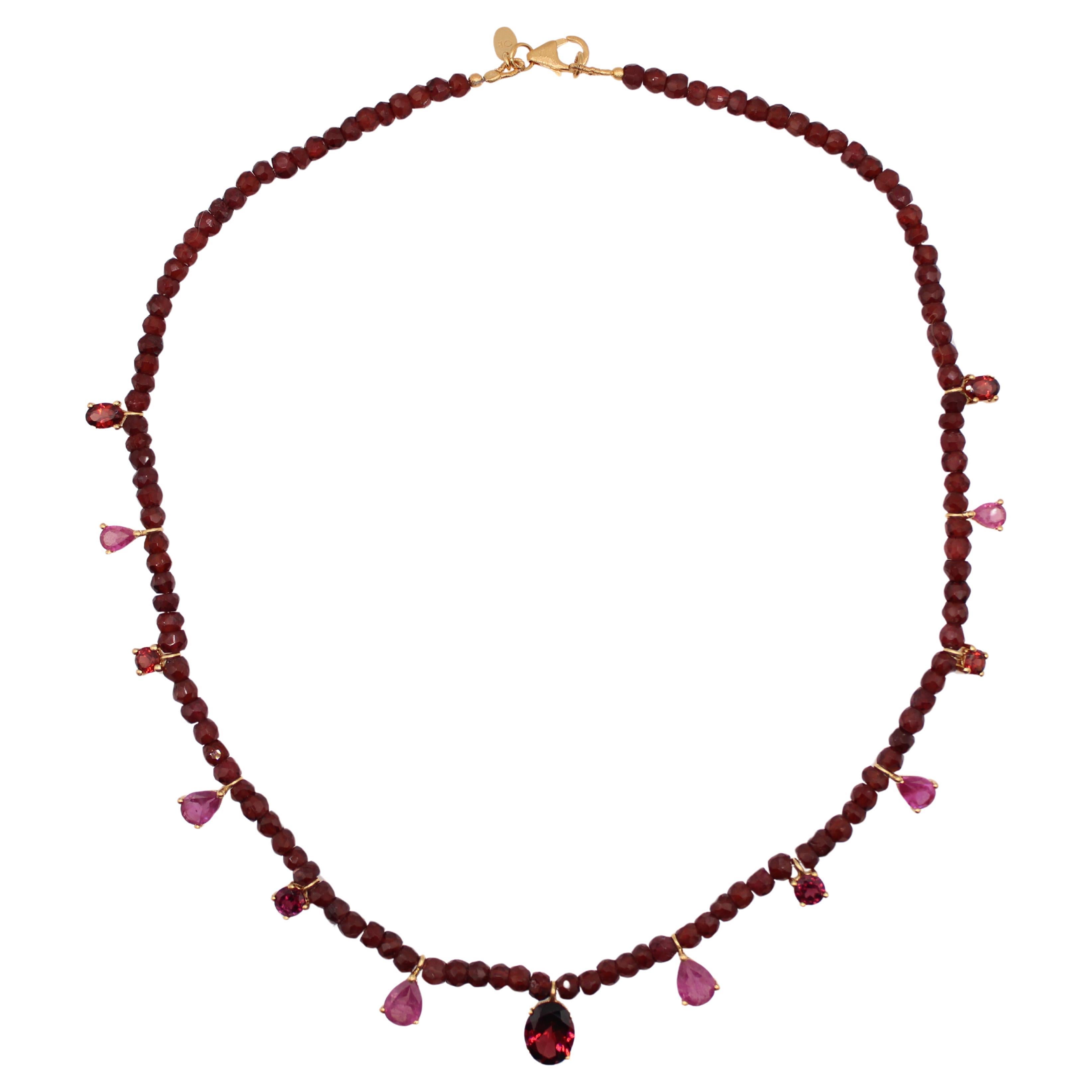 11.17 Carat Ruby and Garnet Gemstone Beaded Necklace  For Sale