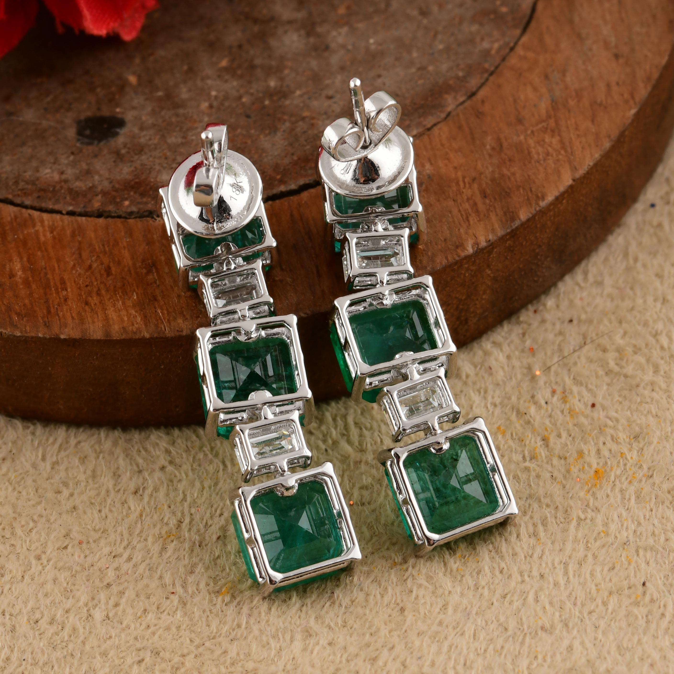 Octagon Cut 11.17cts Zambian Emerald 1.04cts SI/H Diamond Dangle Earrings 14k White Gold For Sale