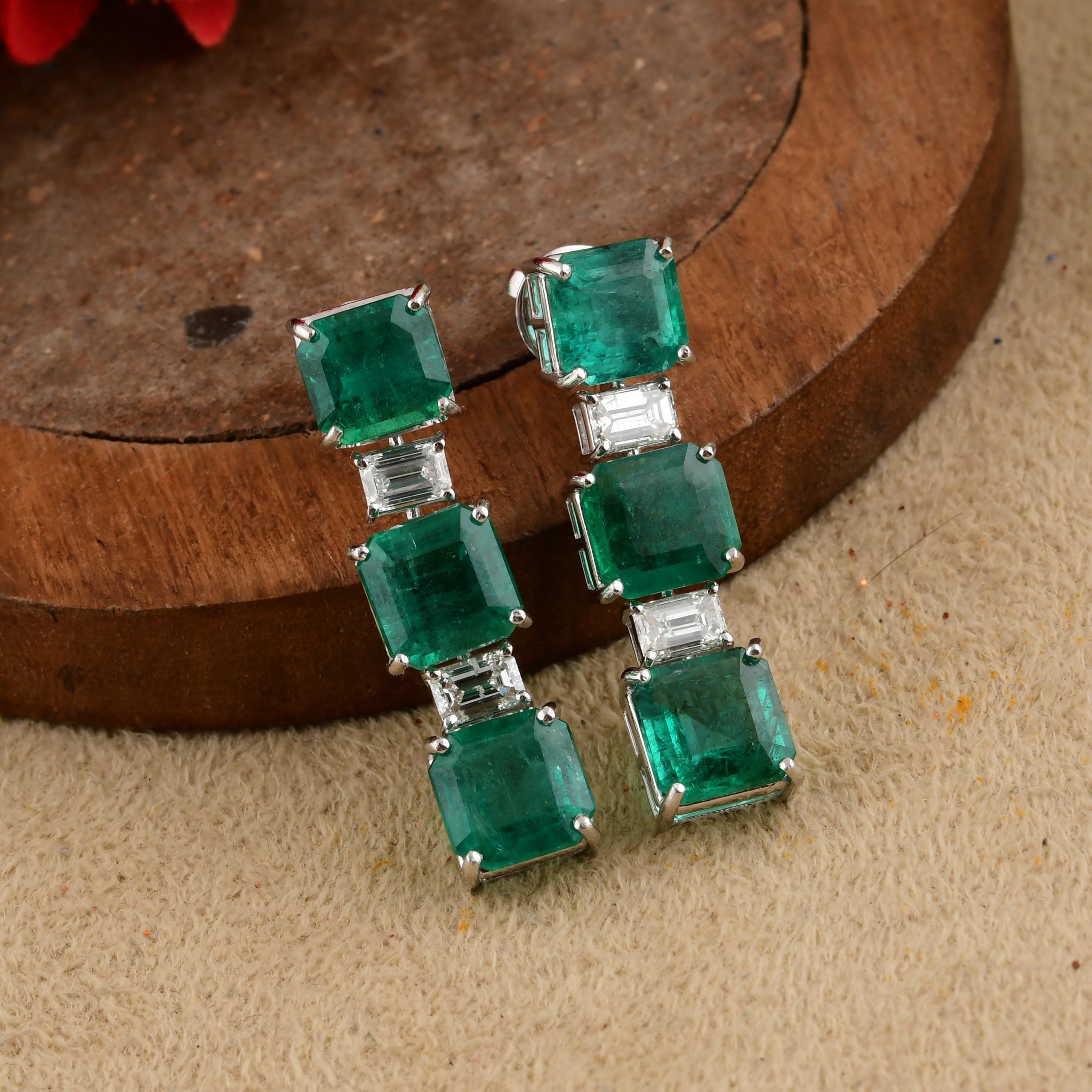 11.17cts Zambian Emerald 1.04cts SI/H Diamond Dangle Earrings 14k White Gold For Sale 1