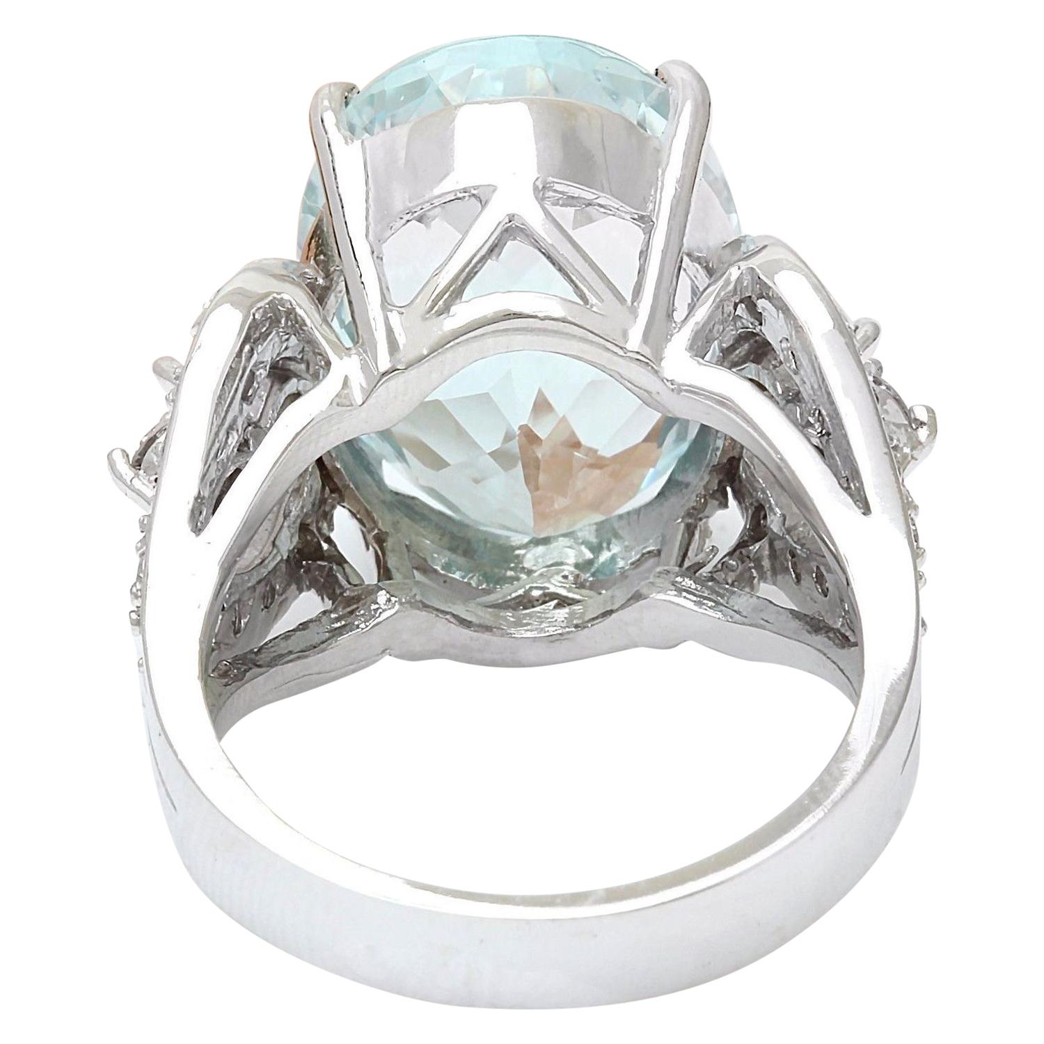 Oval Cut Natural Aquamarine Diamond Ring In 14 Karat Solid White Gold  For Sale