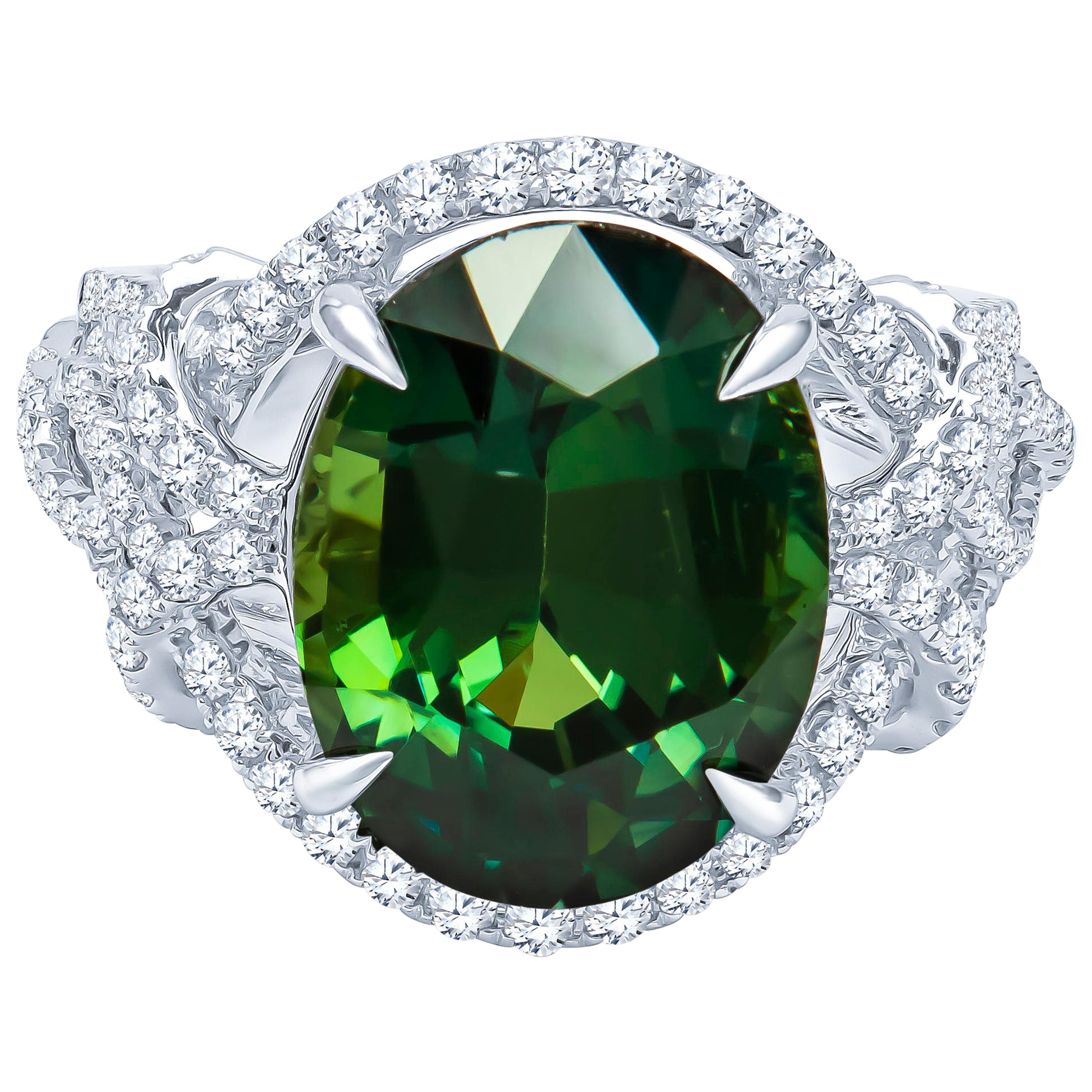 11.18 Carat Natural Oval Cut Green Sapphire 'GRS' in a 0.80 Carat Diamond Ring For Sale