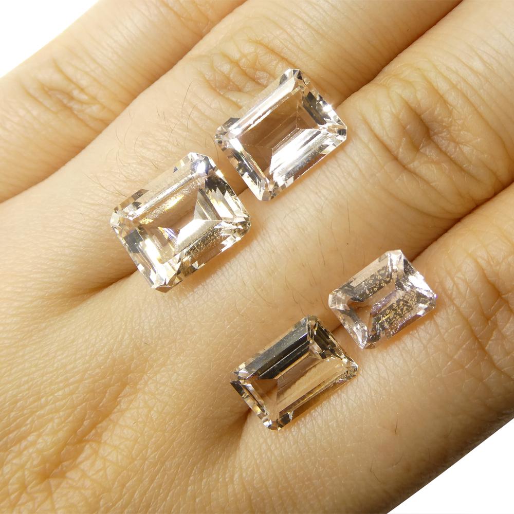 Description:

Gem Type: Morganite 
Number of Stones: 4
Weight: 11.18 cts
Measurements: 11.00 x 9.00 x 6.00 mm to 8.00 x 6.00 x 4.50  mm
Shape: Emerald Cut
Cutting Style Crown: Step Cut
Cutting Style Pavilion: Step Cut 
Transparency: