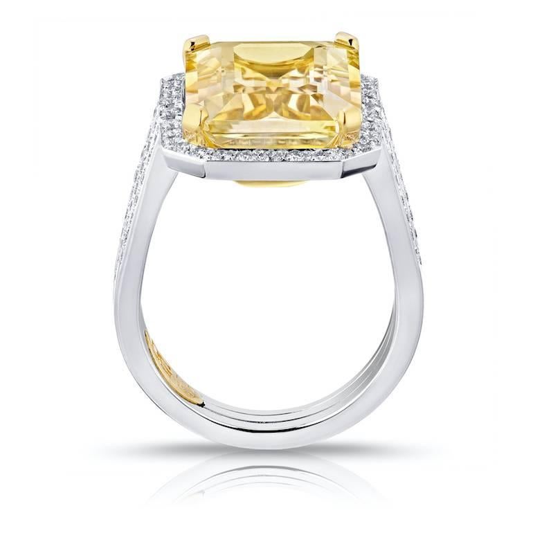 Contemporary 11.19 Carat Natural No Heat Yellow Sapphire and Diamond Platinum and 18k Ring