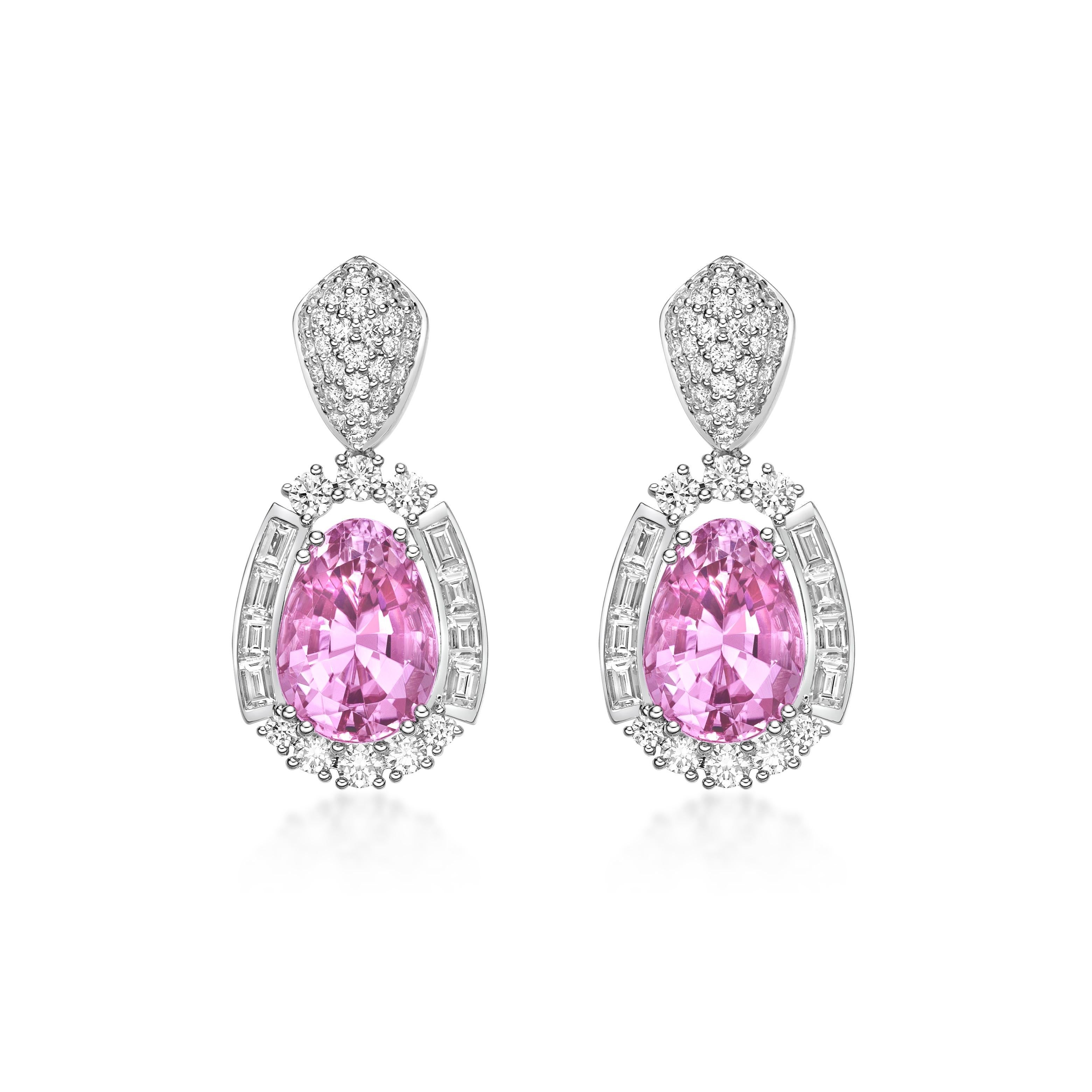 Contemporary 11.19 Carat Pink Tourmaline Drop Earrings in 18Karat White Gold with Diamond. For Sale