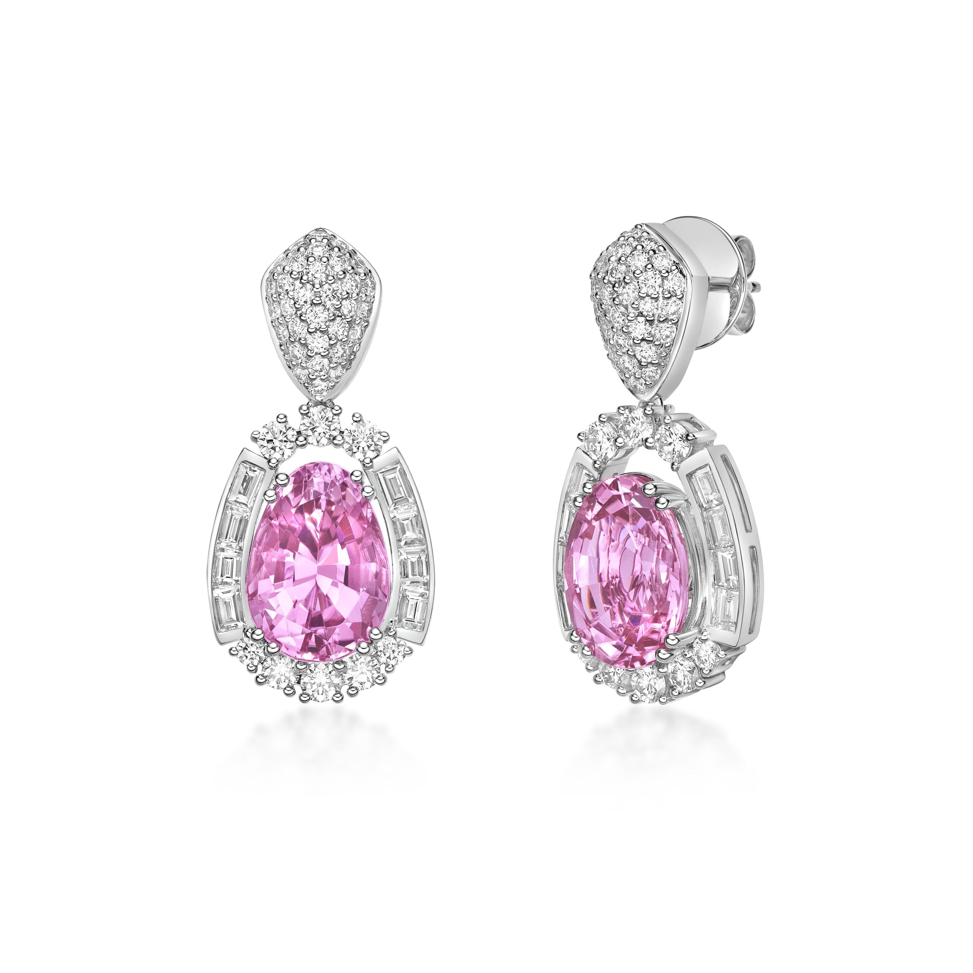 Pear Cut 11.19 Carat Pink Tourmaline Drop Earrings in 18Karat White Gold with Diamond. For Sale