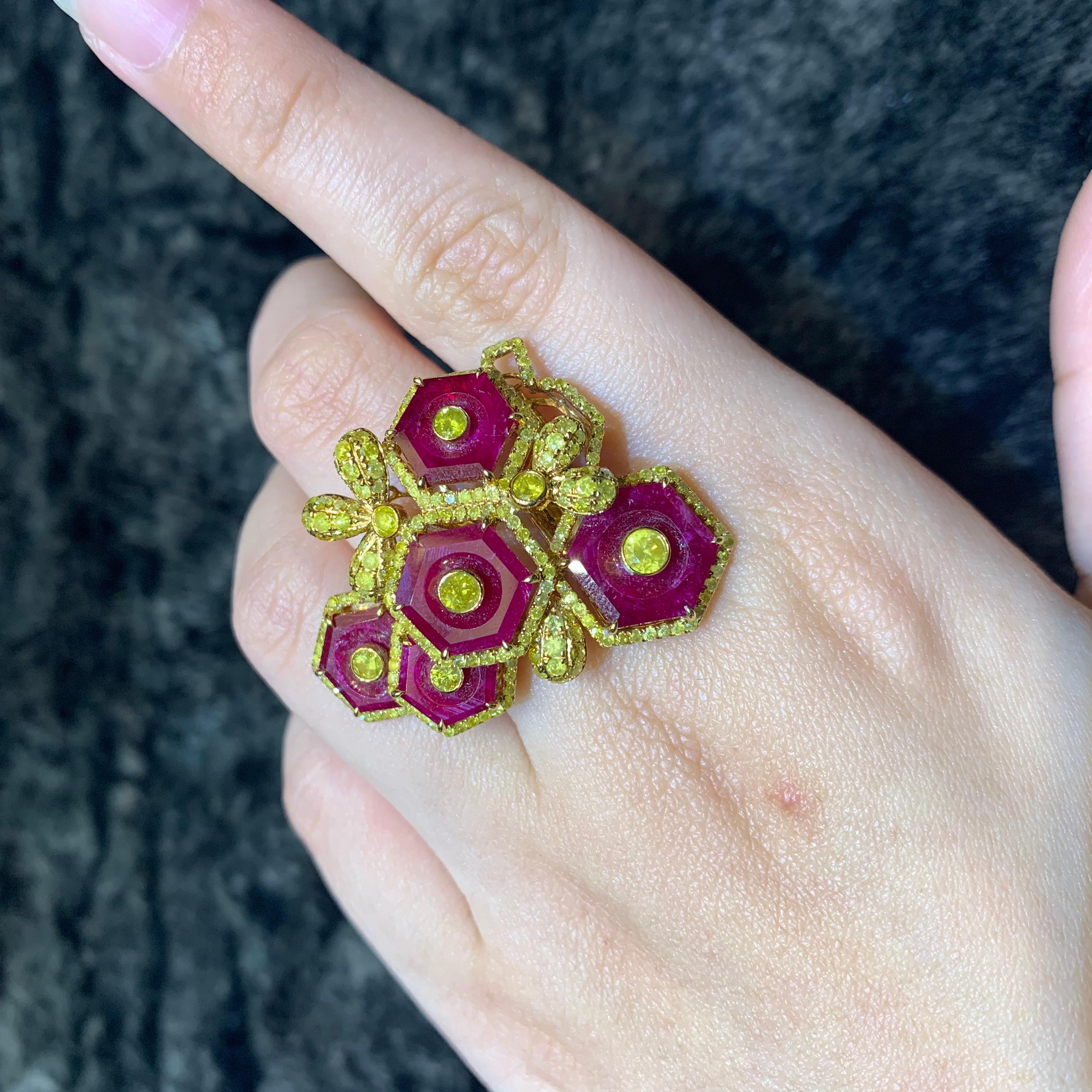 Anglo-Indian 11.19 Carat Vivid Red Ruby with 2.78 Carat Fancy Vivid Yellow Diamond Ring For Sale