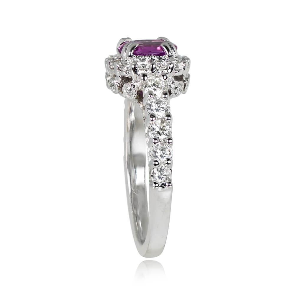 Art Deco 1.11ct Cushion Cut Pink Sapphire Engagement Ring, Diamond Halo, 18k White Gold For Sale