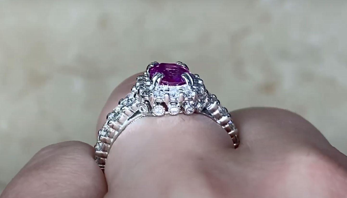 1.11ct Cushion Cut Pink Sapphire Engagement Ring, Diamond Halo, 18k White Gold For Sale 1