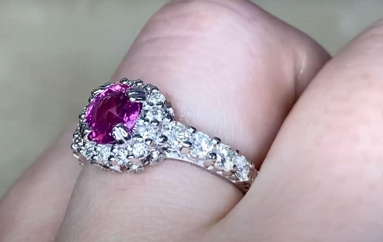 1.11ct Cushion Cut Pink Sapphire Engagement Ring, Diamond Halo, 18k White Gold For Sale 3