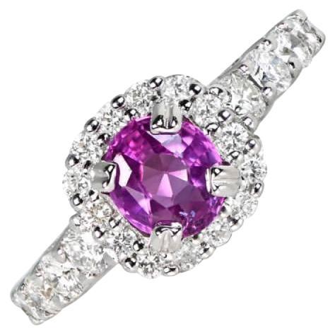 1.11ct Cushion Cut Pink Sapphire Engagement Ring, Diamond Halo, 18k White Gold For Sale