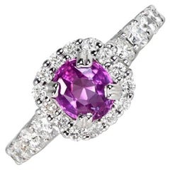 1.11ct Cushion Cut Pink Sapphire Engagement Ring, Diamond Halo, 18k White Gold