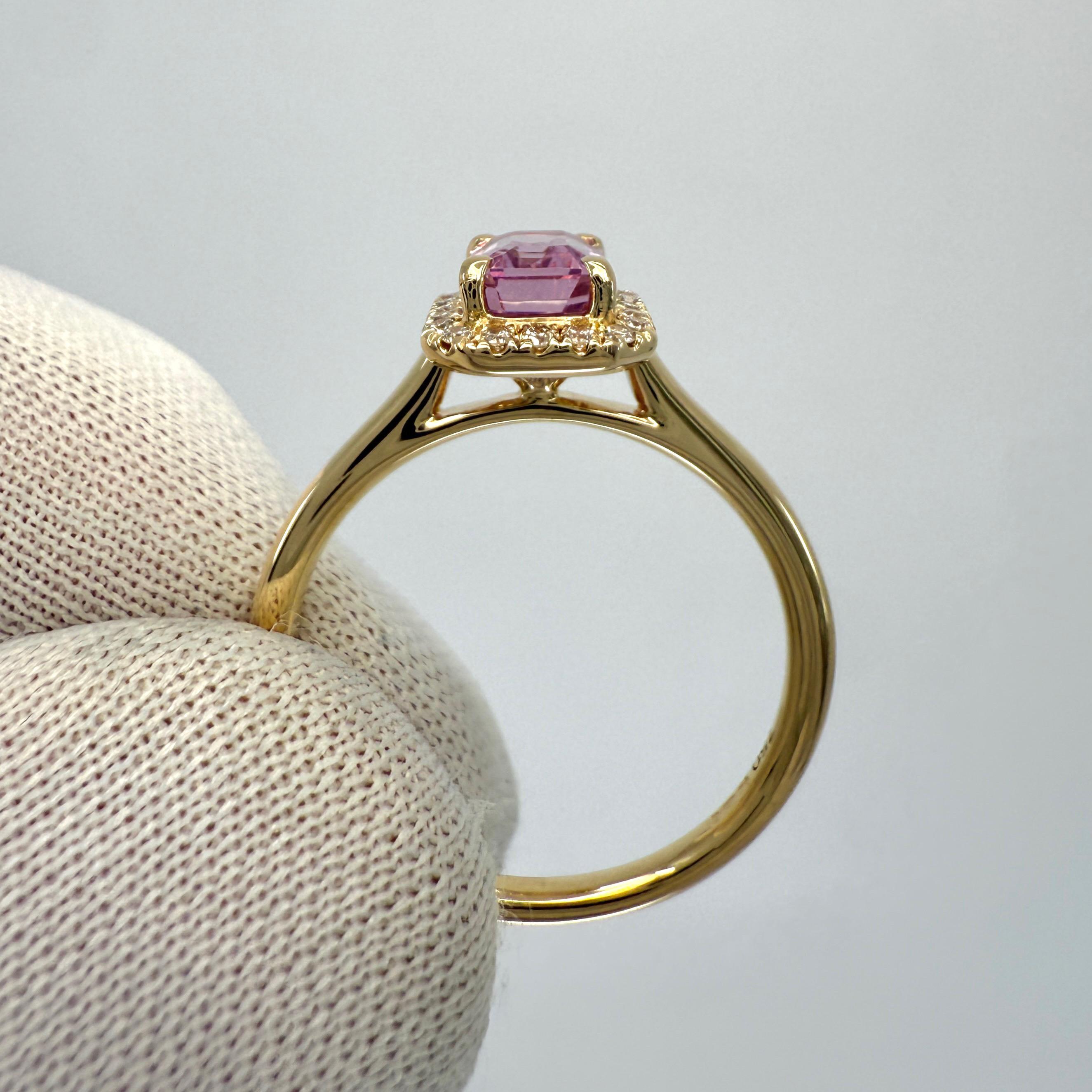 da uomo o donna Anello aureola in oro giallo 18k con diamante e spinello rosa Mahenge taglio smeraldo (1,11ct) in vendita
