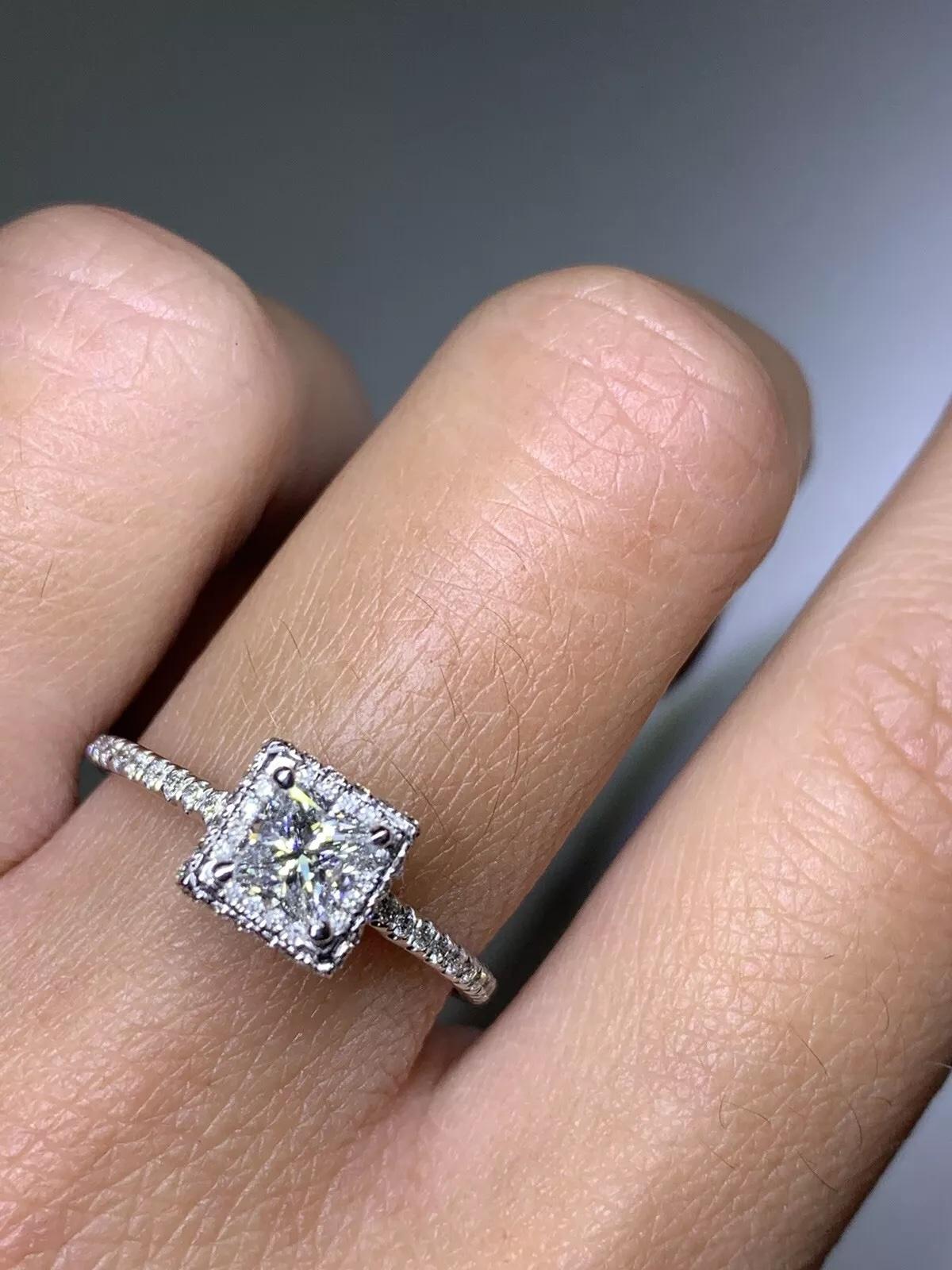 Princess Cut 1.11ct GIA Princess Diamond Halo Engagement Ring Diamond Band 18k White Gold. For Sale