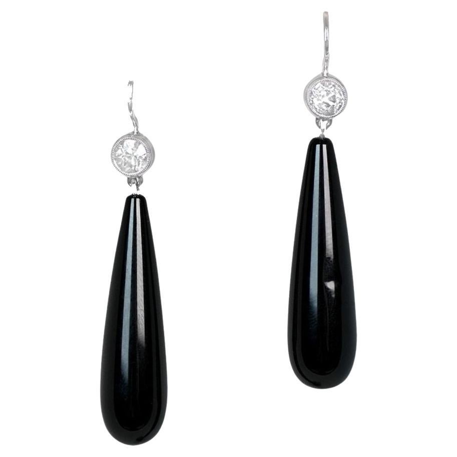 1.11ct Old European Cut Diamond & Onyx Earrings, Platinum For Sale