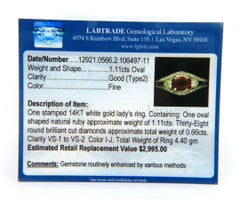 1.11ct Oval Ruby and 0.66ctw Diamond Ring in 14K White Gold