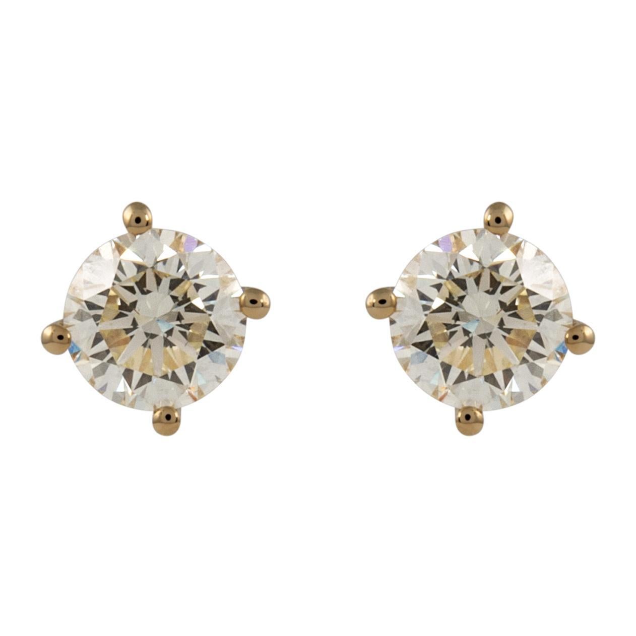 Taille ronde Boucles d'oreilles en or jaune 18k avec diamant rond de 1,11ct en vente