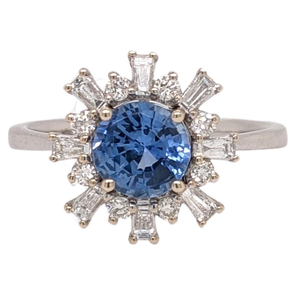 1.11ct Starburst Sapphire Ring w Diamond Halo in Solid 14k White Gold Round 6mm For Sale