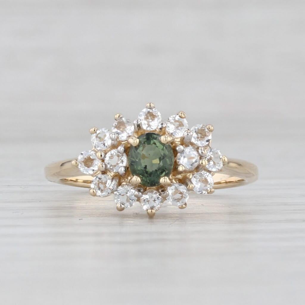 Femenino o masculino Anillo de oro amarillo de 14k con turmalina verde y topacio blanco de 1,11 quilates Talla 7 en venta