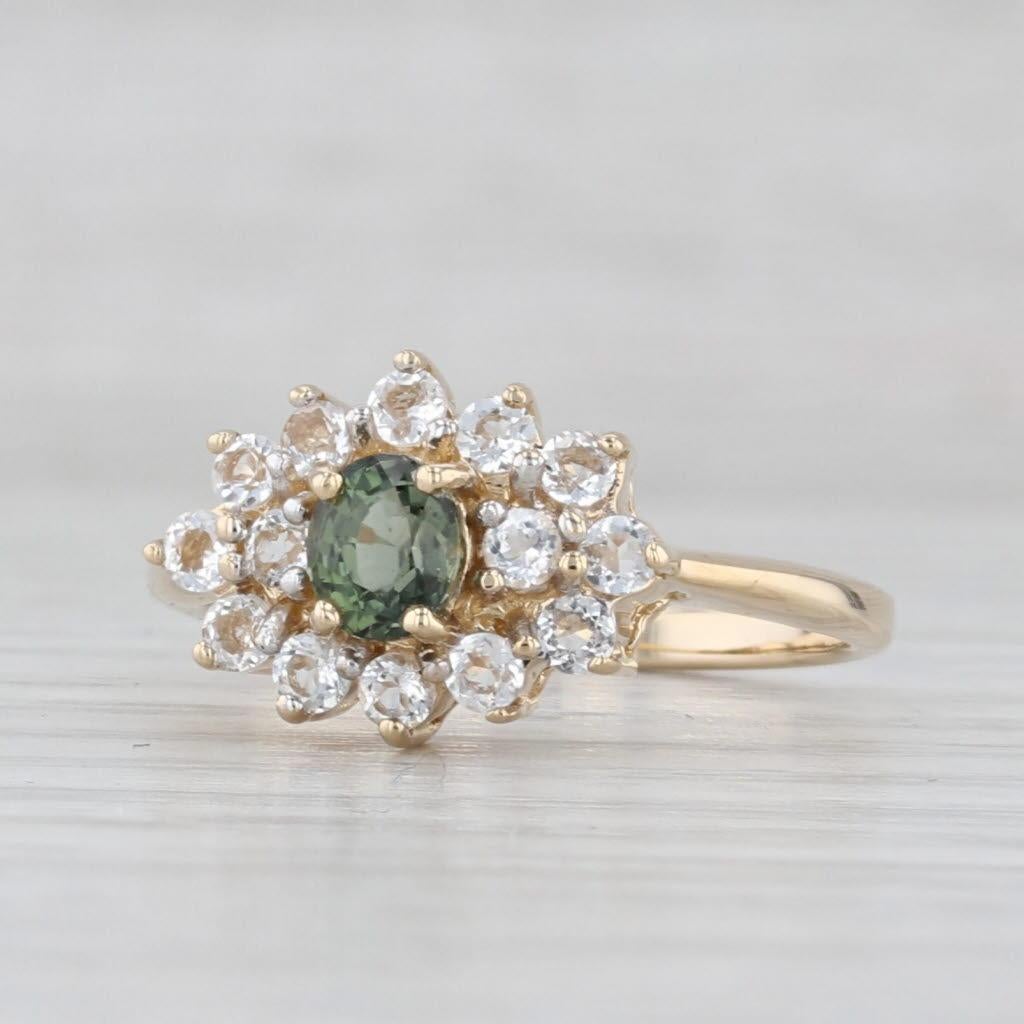 Anillo de oro amarillo de 14k con turmalina verde y topacio blanco de 1,11 quilates Talla 7 en venta 2