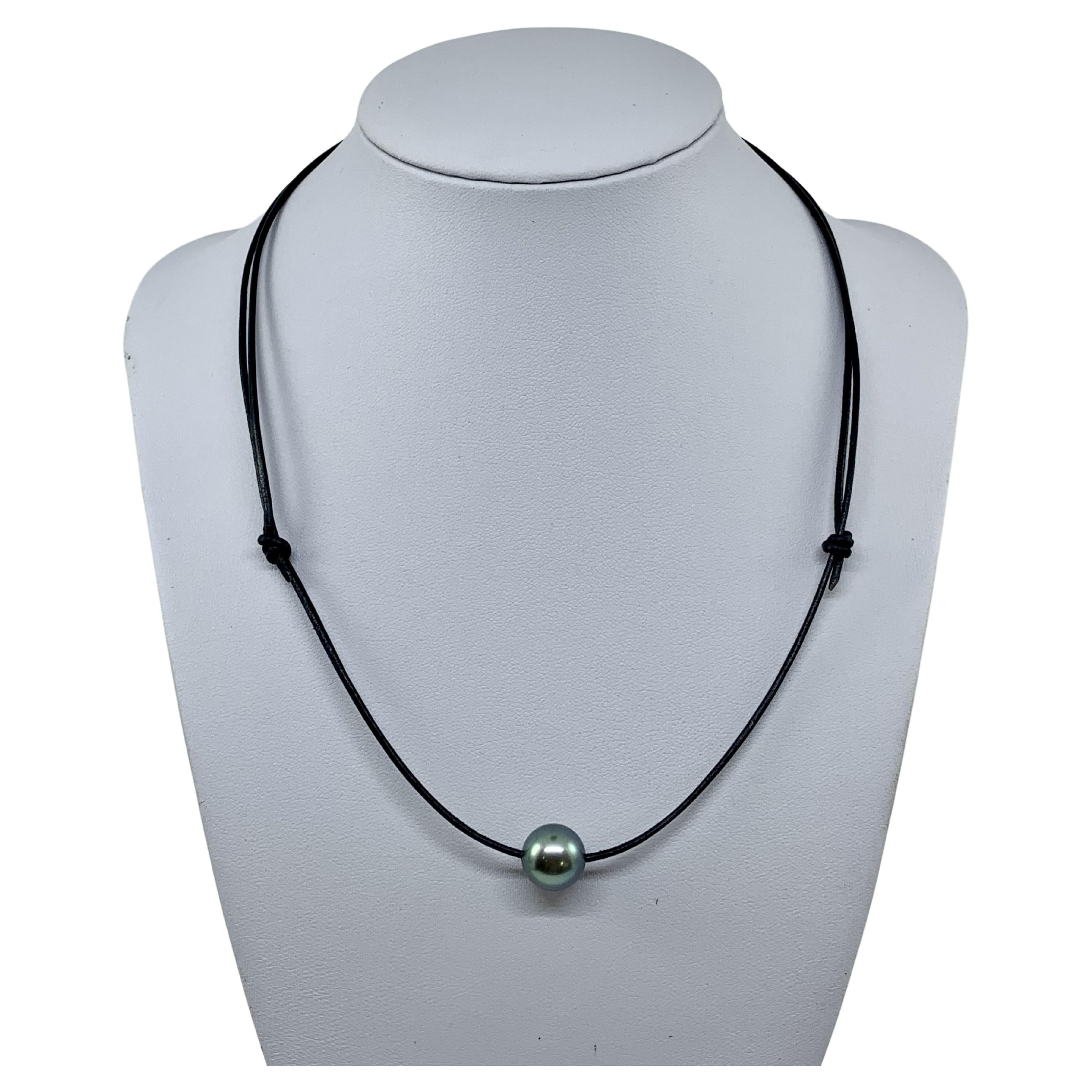 11..1mm Tahitian Pearl Blue Grey on Leather Cord Necklace