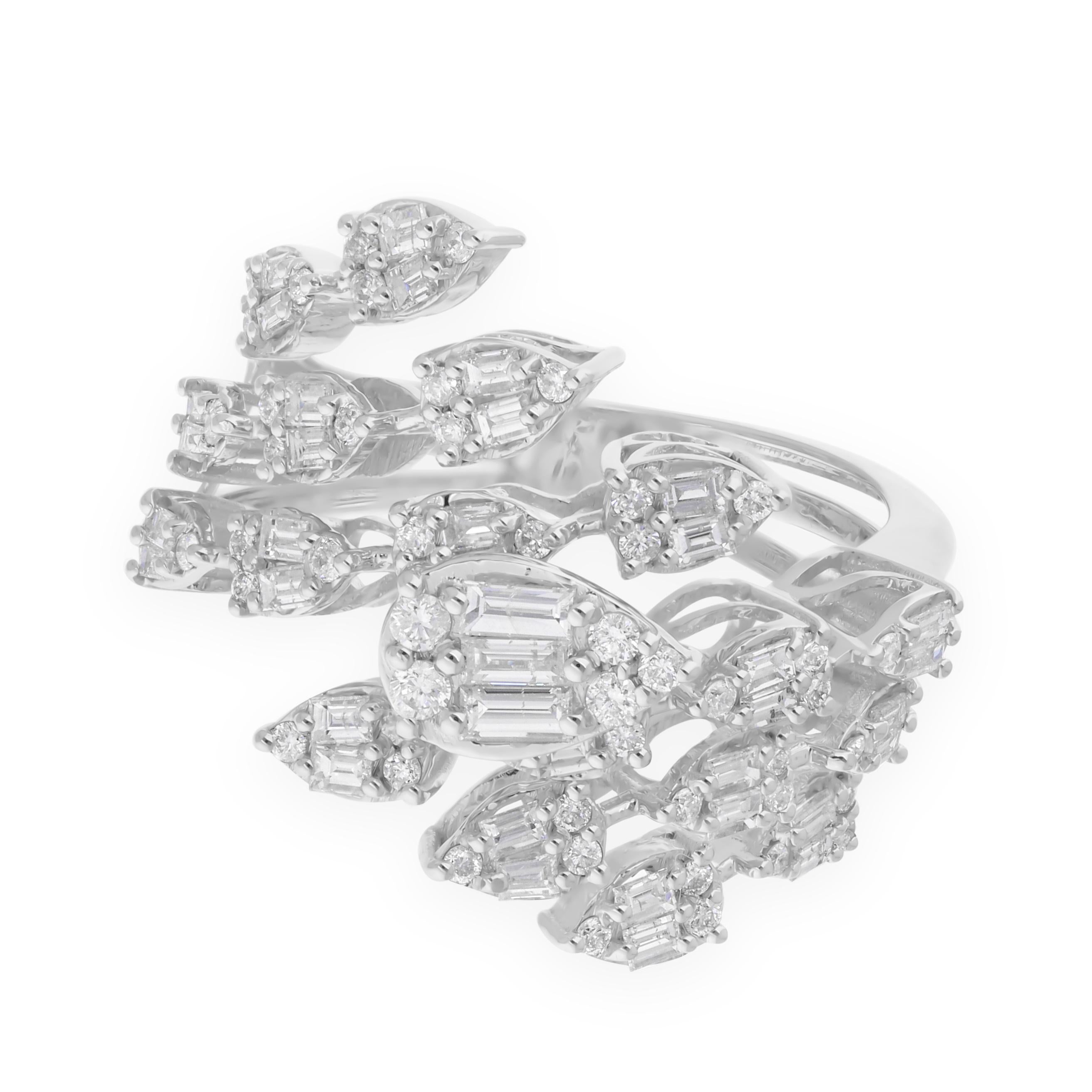 in vendita:  Anello da cocktail con diamante tondo baguette da 1,12 carati e cluster di foglie in oro bianco 14 carati 4
