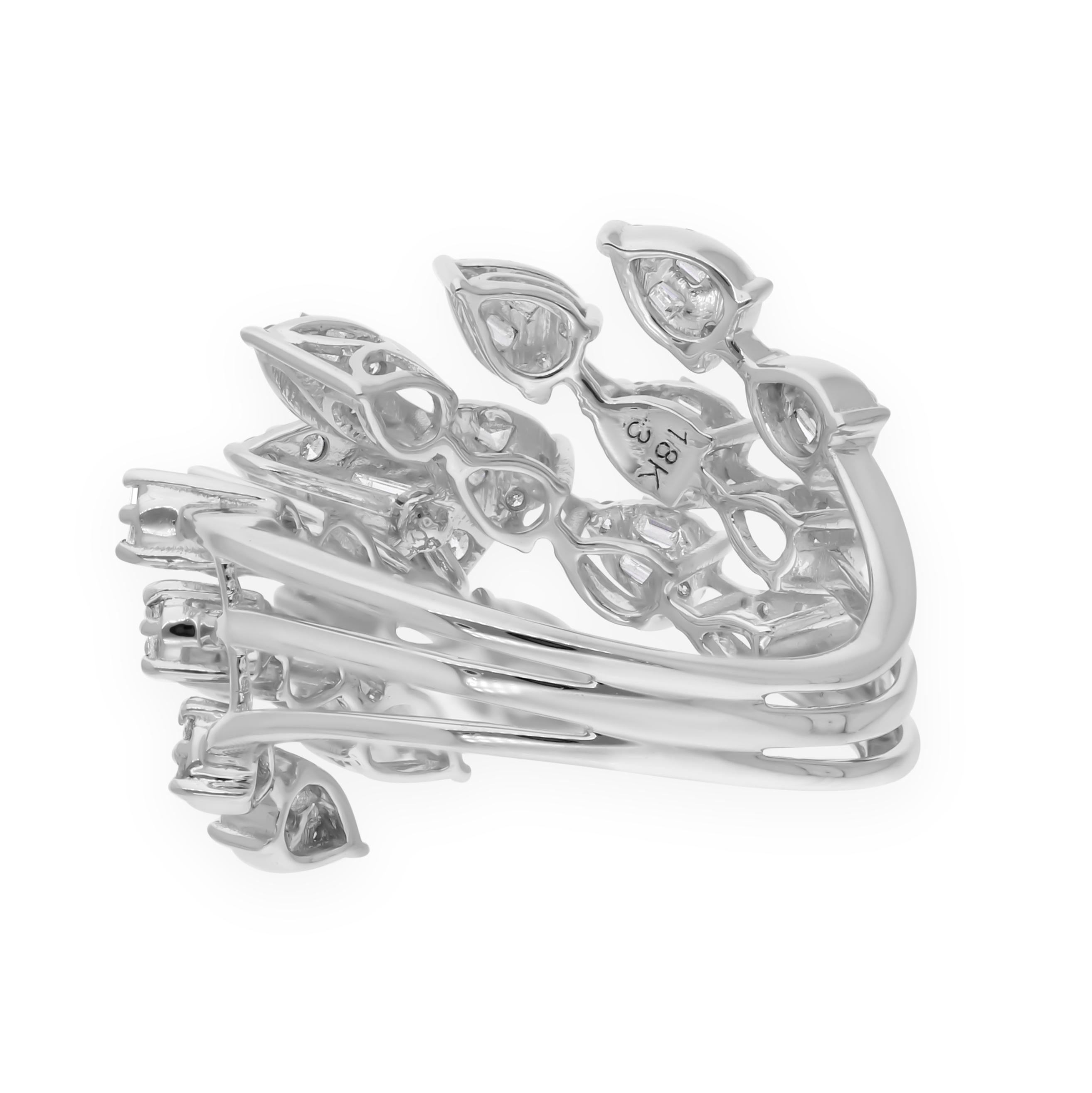 in vendita:  Anello da cocktail con diamante tondo baguette da 1,12 carati e cluster di foglie in oro bianco 14 carati 6
