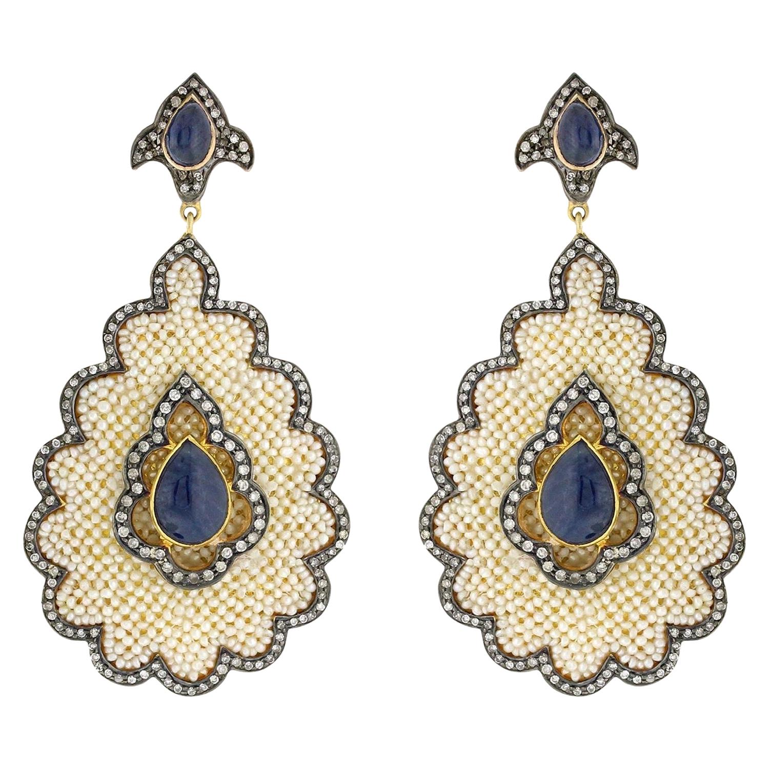 11.2 Carat Blue Sapphire Pearl Diamond Earrings