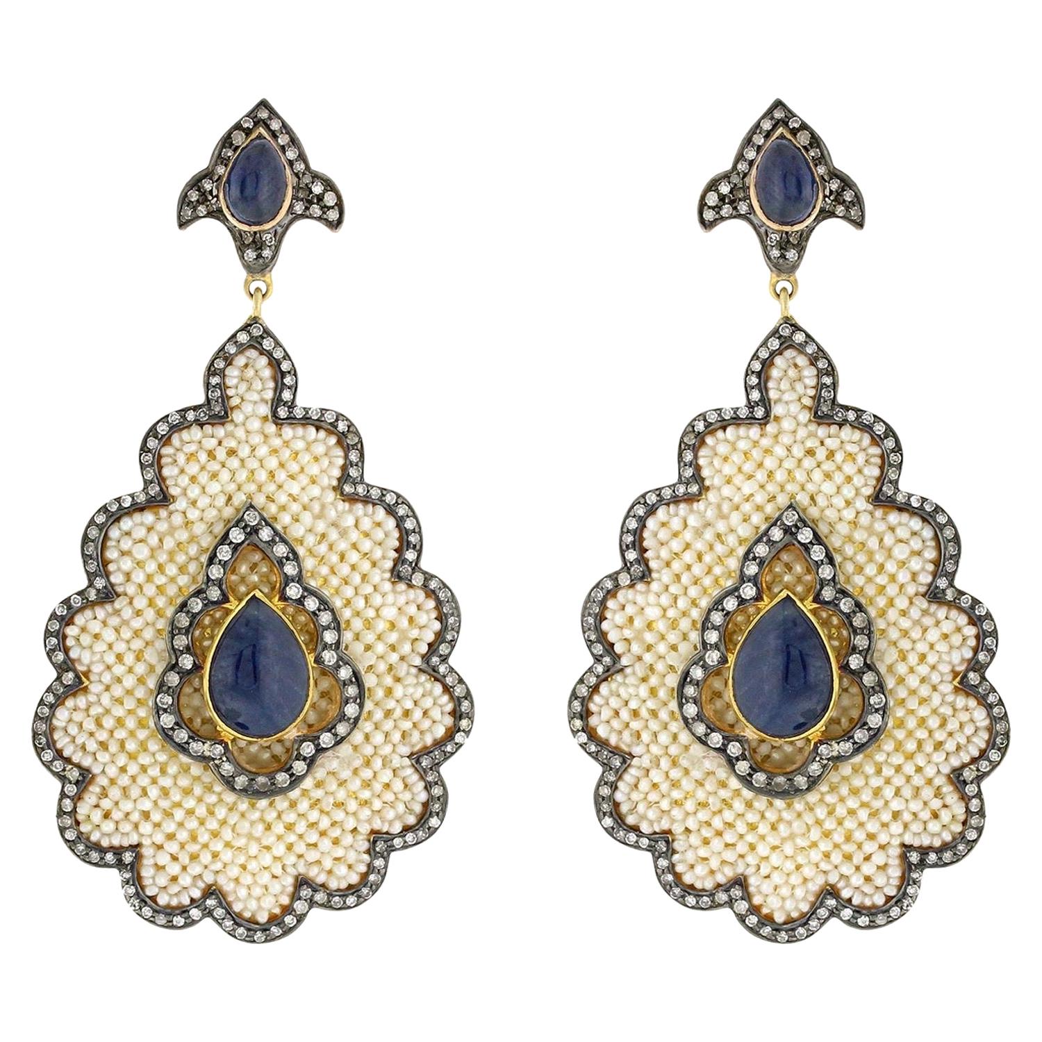 11.2 Carat Blue Sapphire Pearl Diamond Earrings For Sale