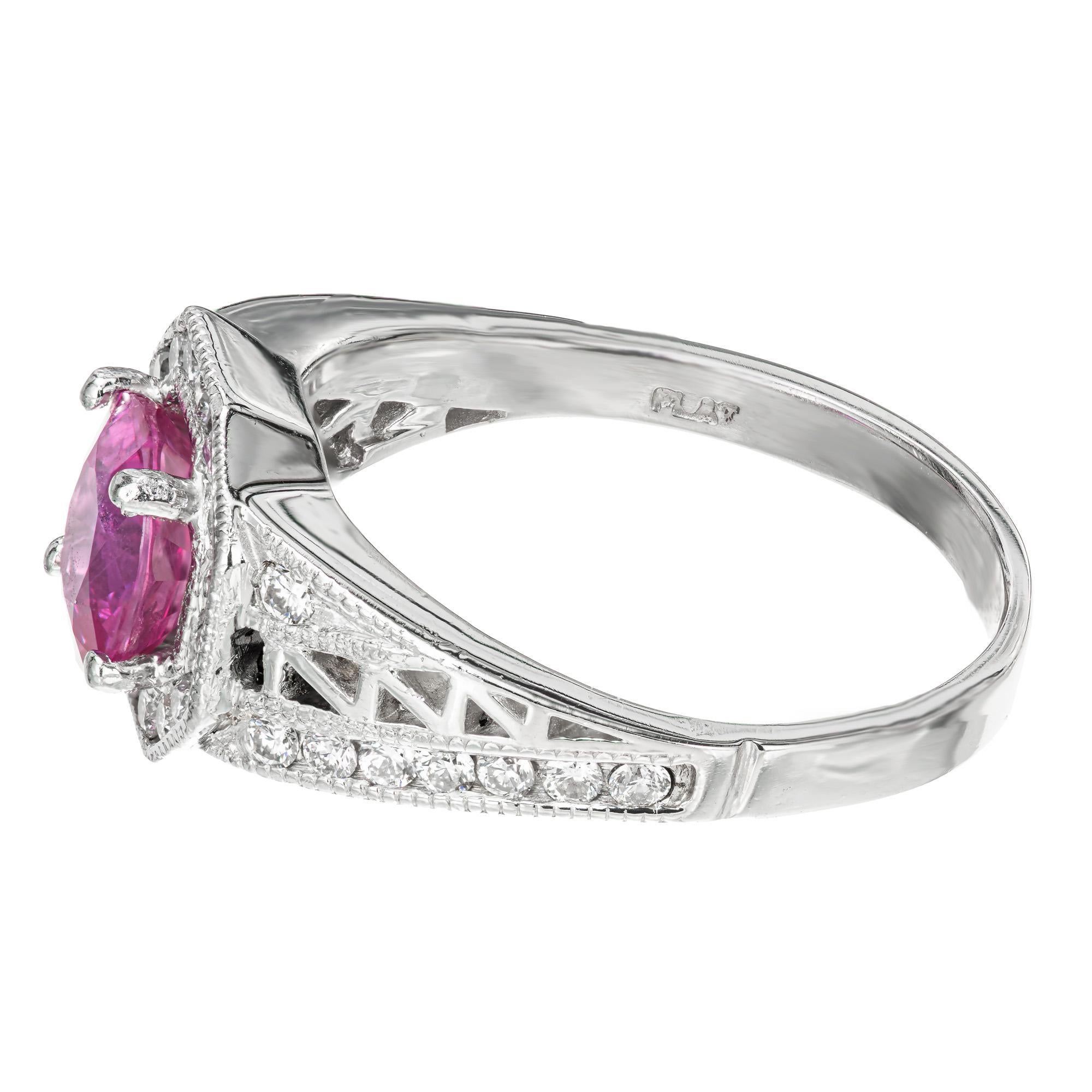 Women's 1.12 Carat Cushion Natural Pink Sapphire Diamond Halo Platinum Engagement Ring For Sale