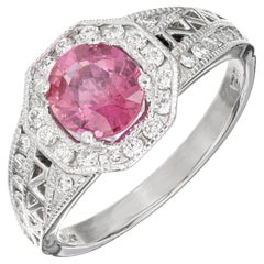 1.12 Carat Cushion Natural Pink Sapphire Diamond Halo Platinum Engagement Ring