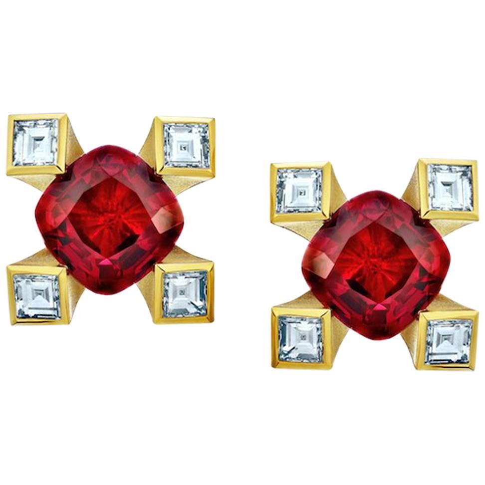 1.12 Carat Cushion Red Ruby and Diamond 18k Yellow Gold Earrings