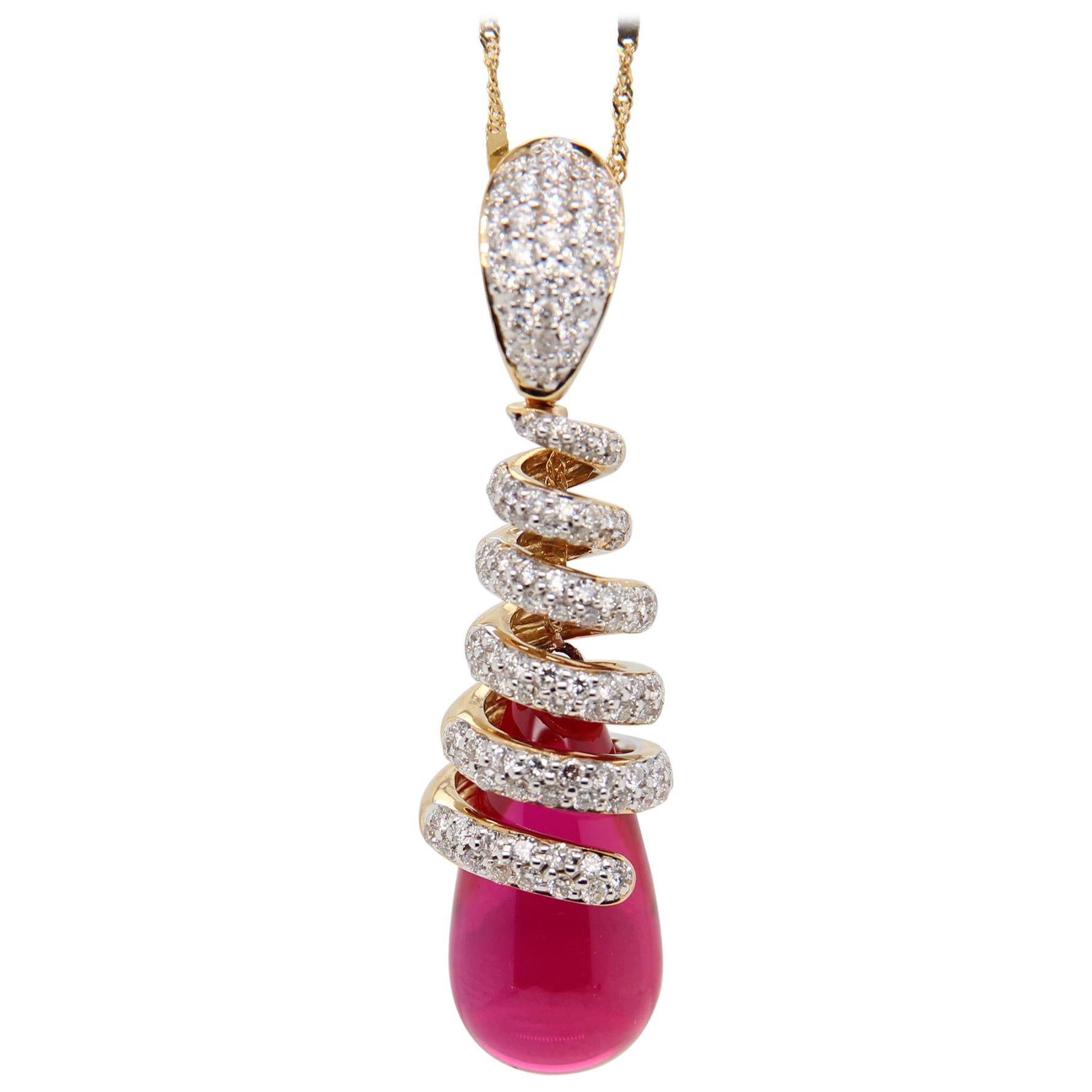 1.12 Carat Diamond and Glass Filled Ruby 12.50 Carat Pendant in 18 Karat Gold For Sale