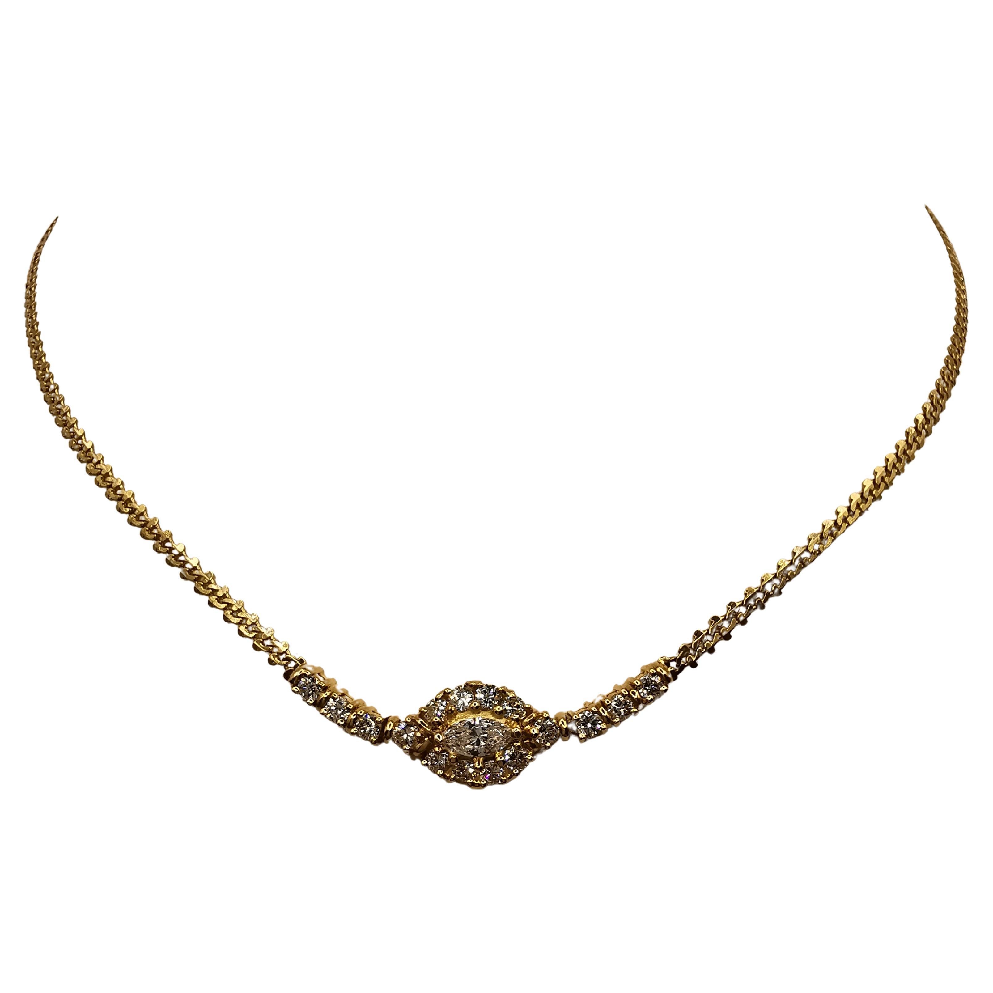 1.12 Carat Marquise Diamond Cluster Choker Necklace in Yellow Gold For Sale