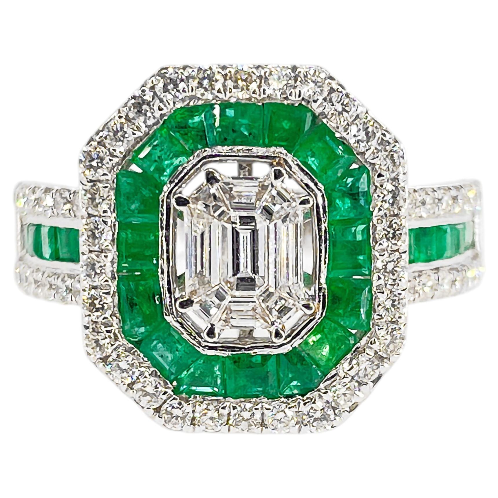 1.12 Carat Emerald and Diamond Halo Ring with Emerald Cut Center Diamond