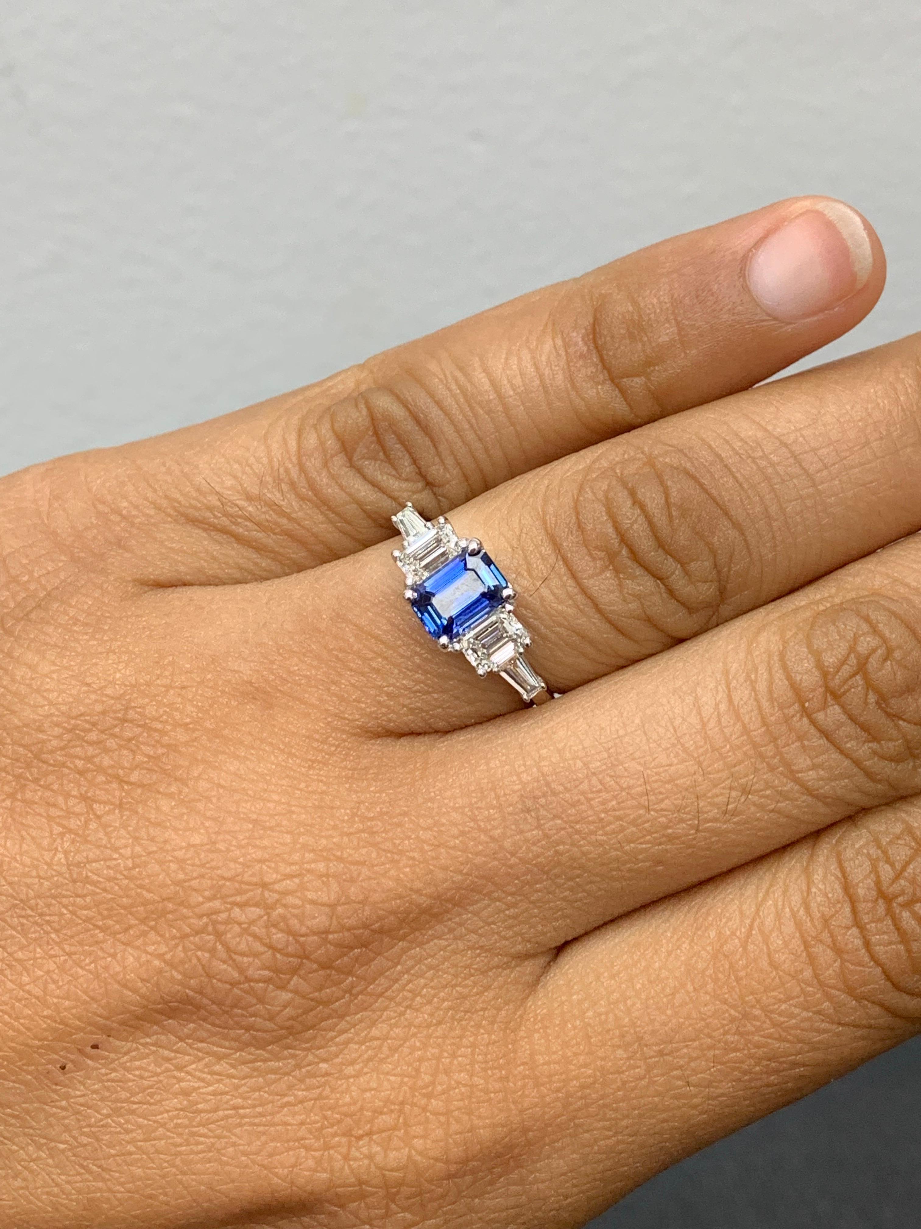 1.12 Carat Emerald Cut Blue Sapphire and Diamond 5 Stone Ring in 14K White Gold For Sale 5