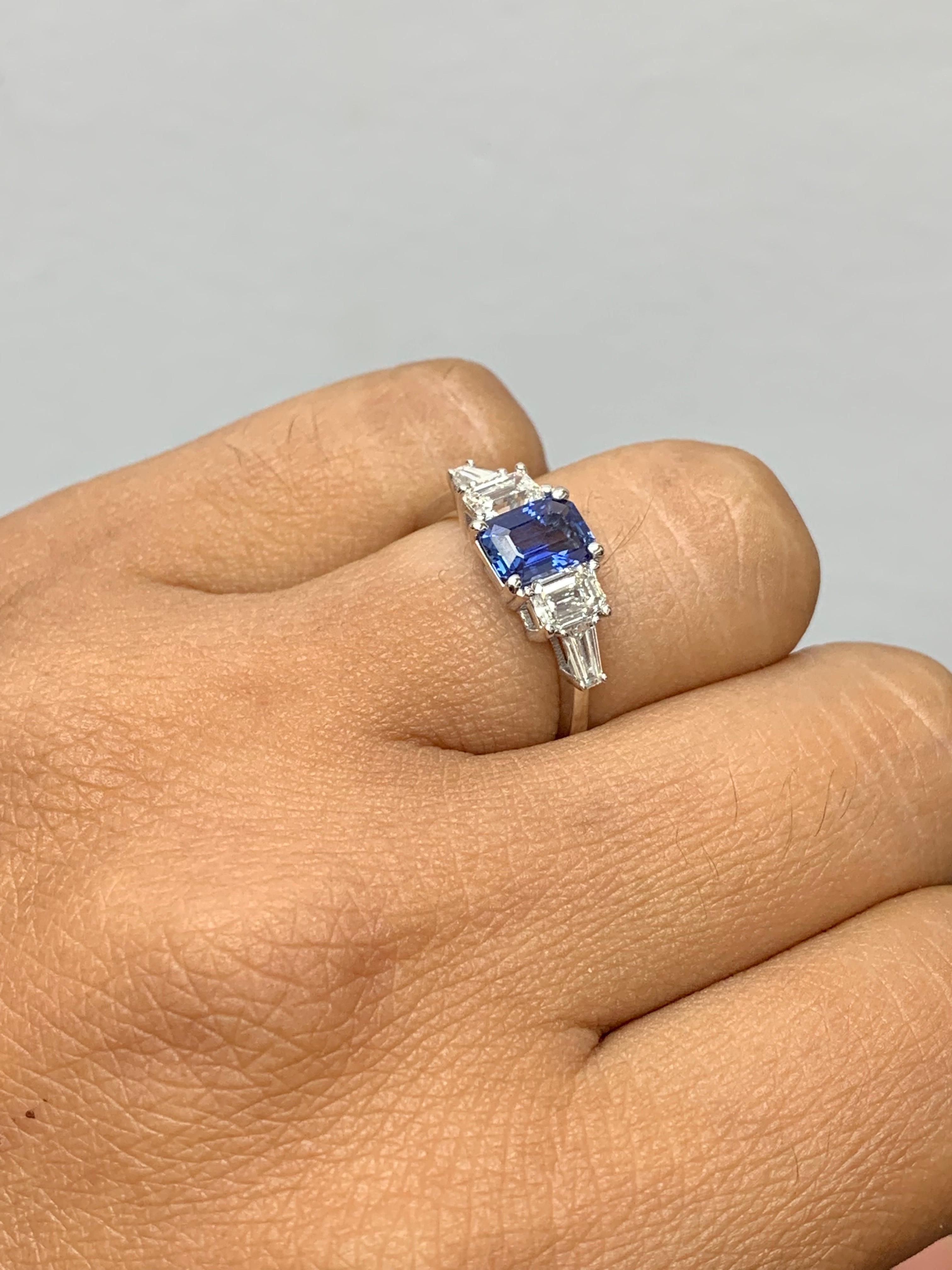 1.12 Carat Emerald Cut Blue Sapphire and Diamond 5 Stone Ring in 14K White Gold For Sale 6