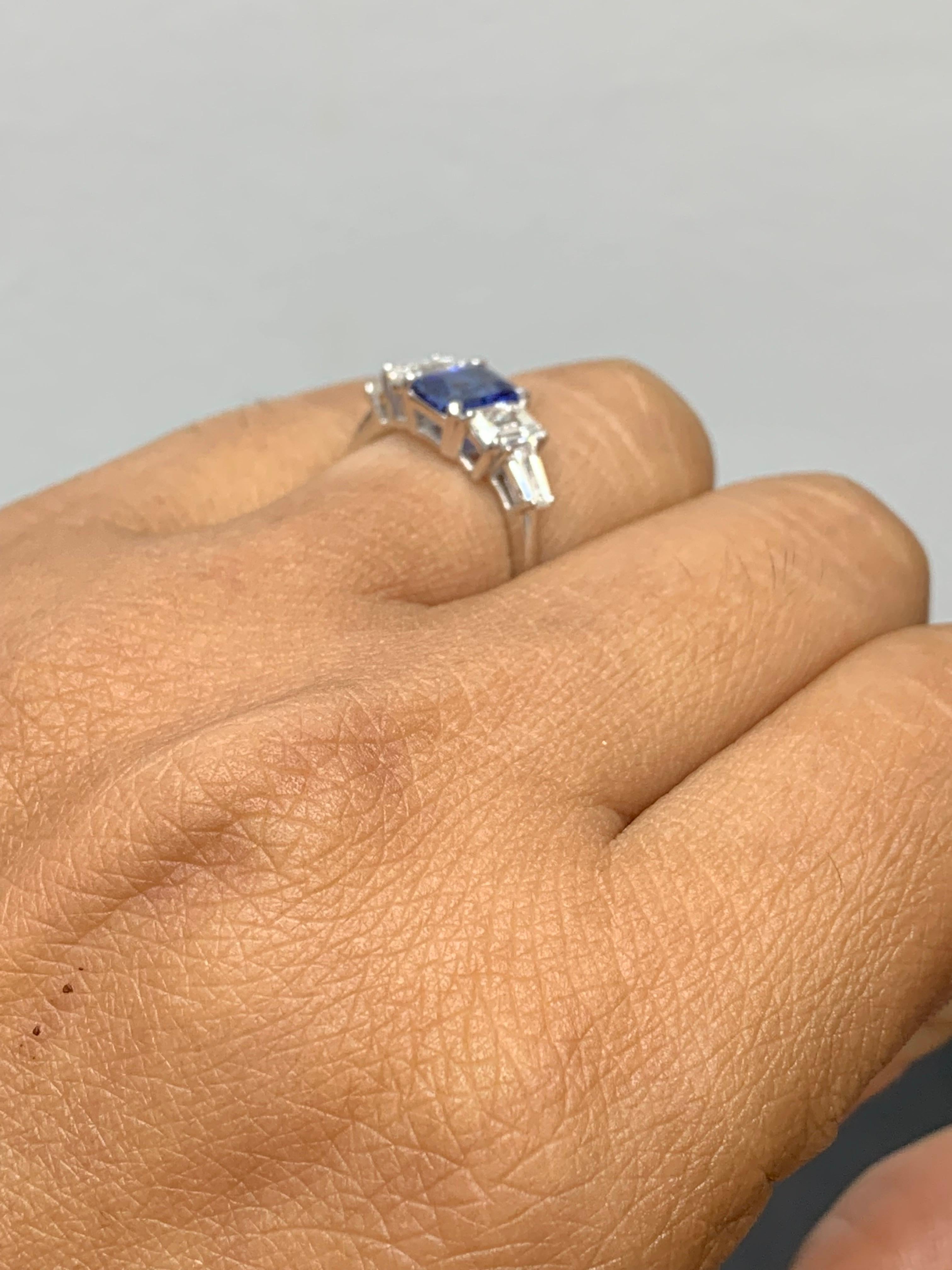 1.12 Carat Emerald Cut Blue Sapphire and Diamond 5 Stone Ring in 14K White Gold For Sale 7
