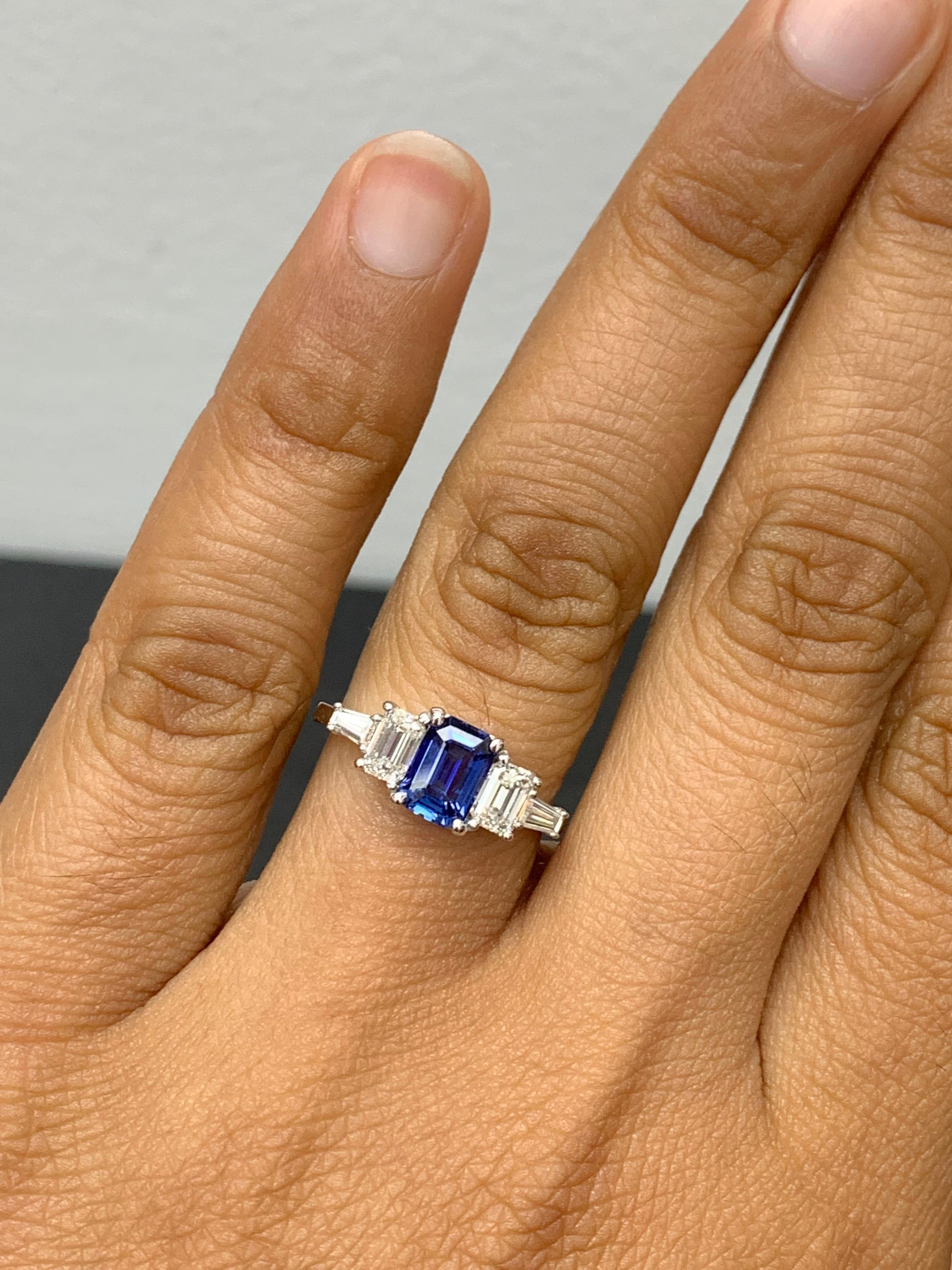 Modern 1.12 Carat Emerald Cut Blue Sapphire and Diamond 5 Stone Ring in 14K White Gold For Sale