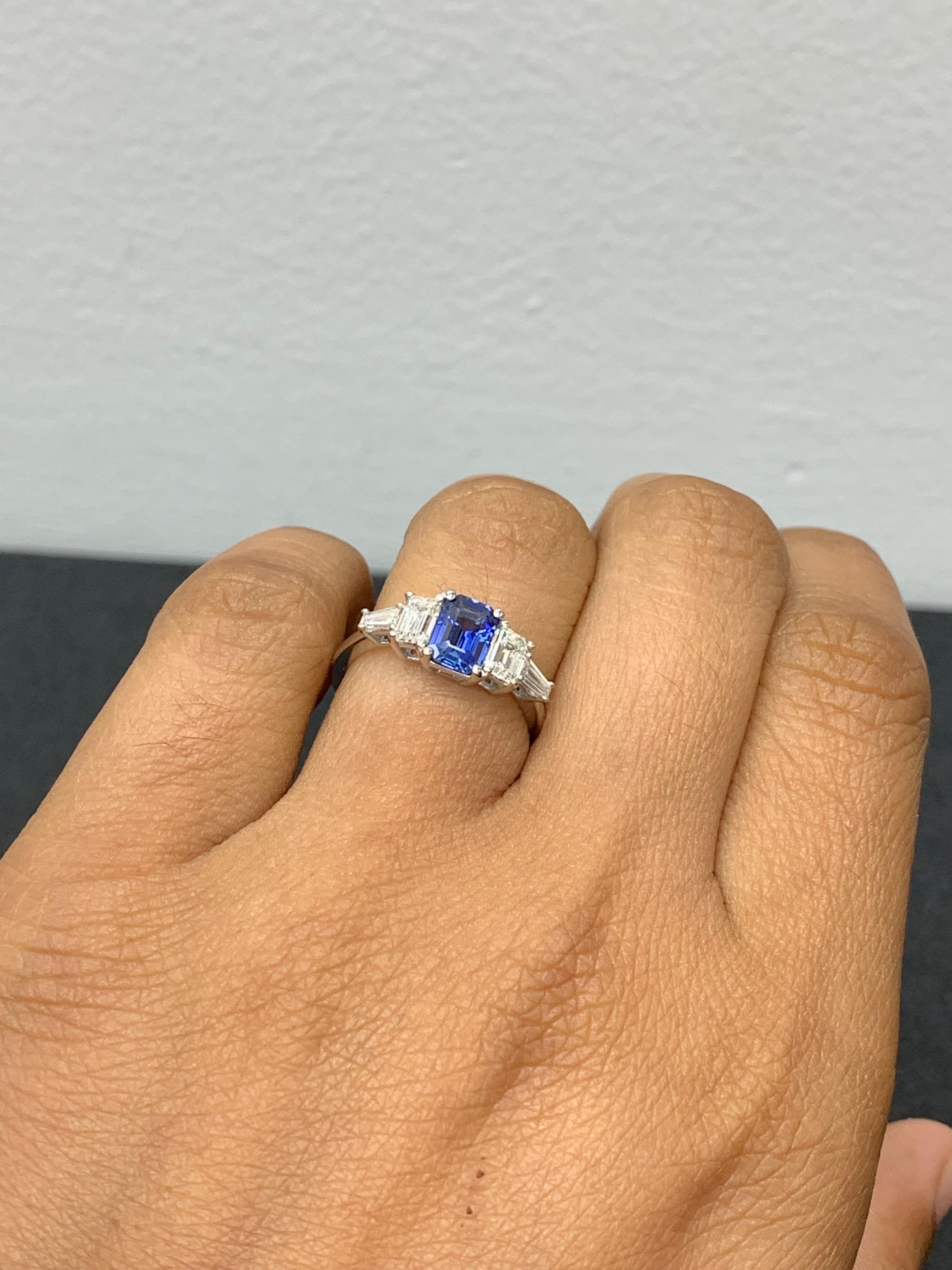 1.12 Carat Emerald Cut Blue Sapphire and Diamond 5 Stone Ring in 14K White Gold In New Condition For Sale In NEW YORK, NY