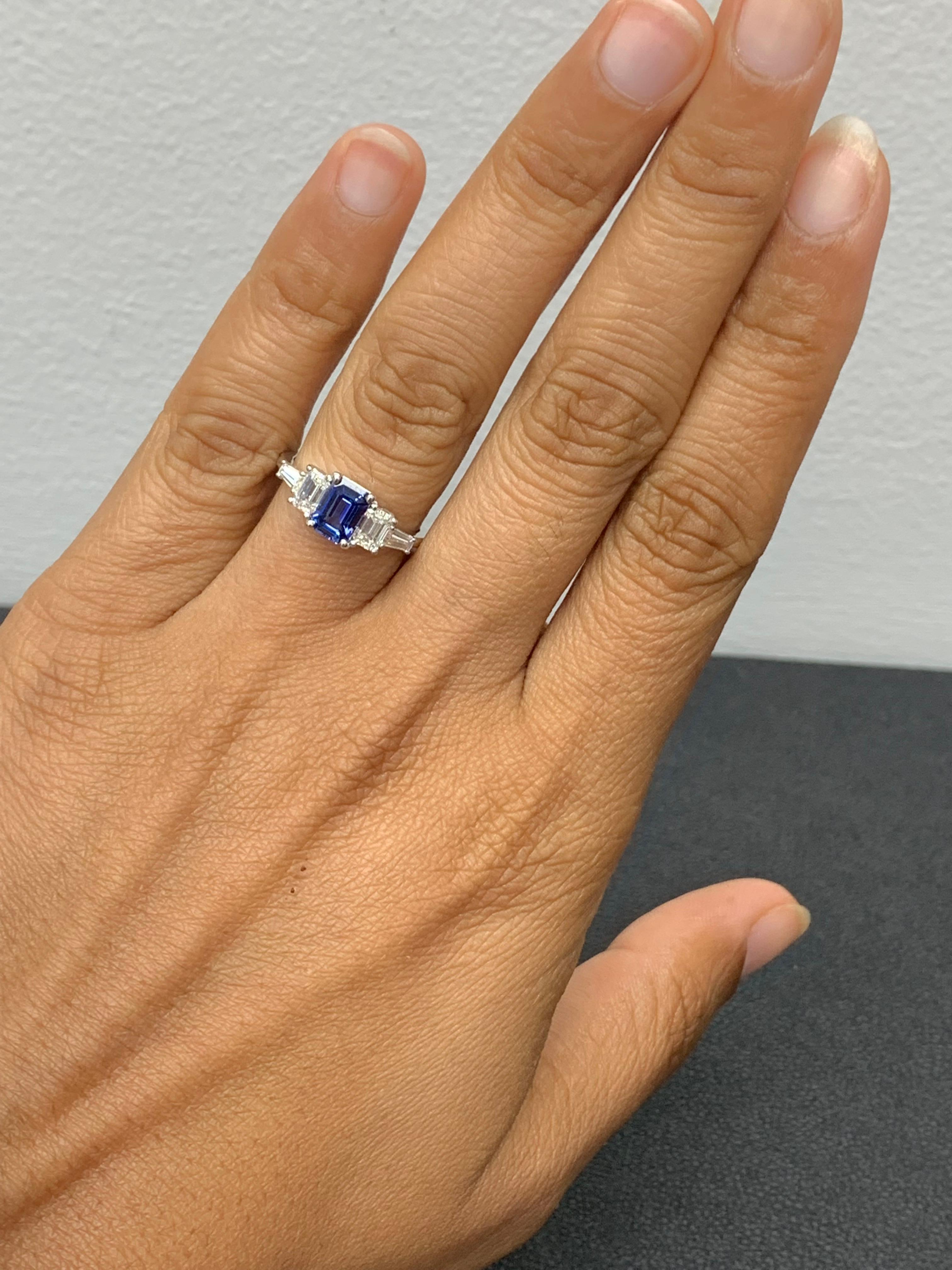 1.12 Carat Emerald Cut Blue Sapphire and Diamond 5 Stone Ring in 14K White Gold For Sale 1