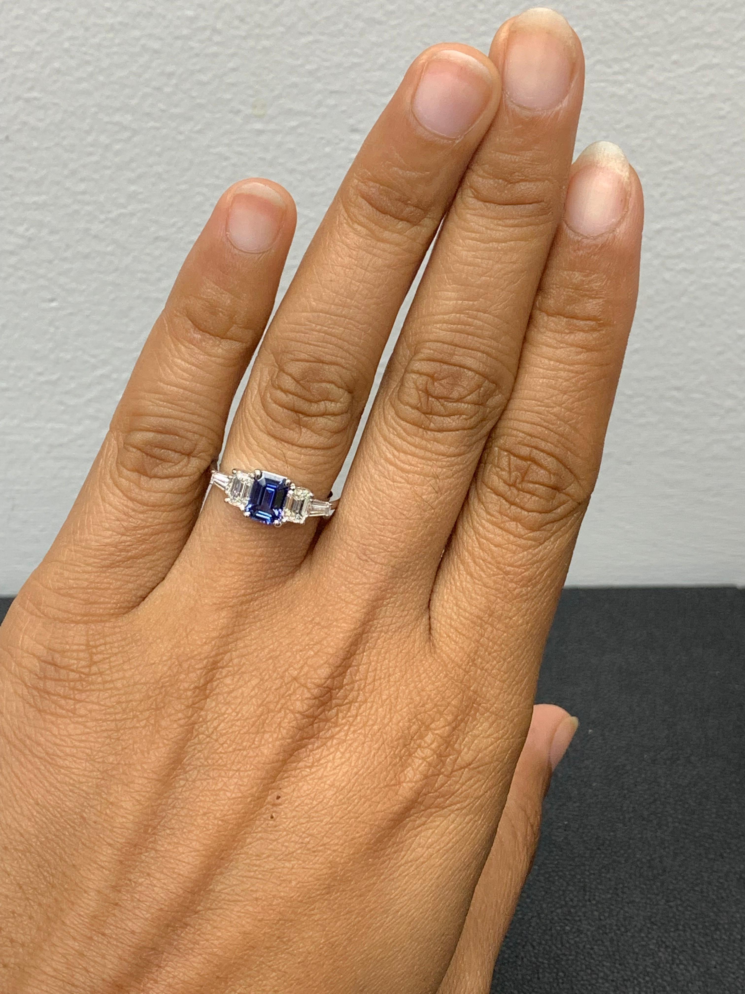 1.12 Carat Emerald Cut Blue Sapphire and Diamond 5 Stone Ring in 14K White Gold For Sale 3