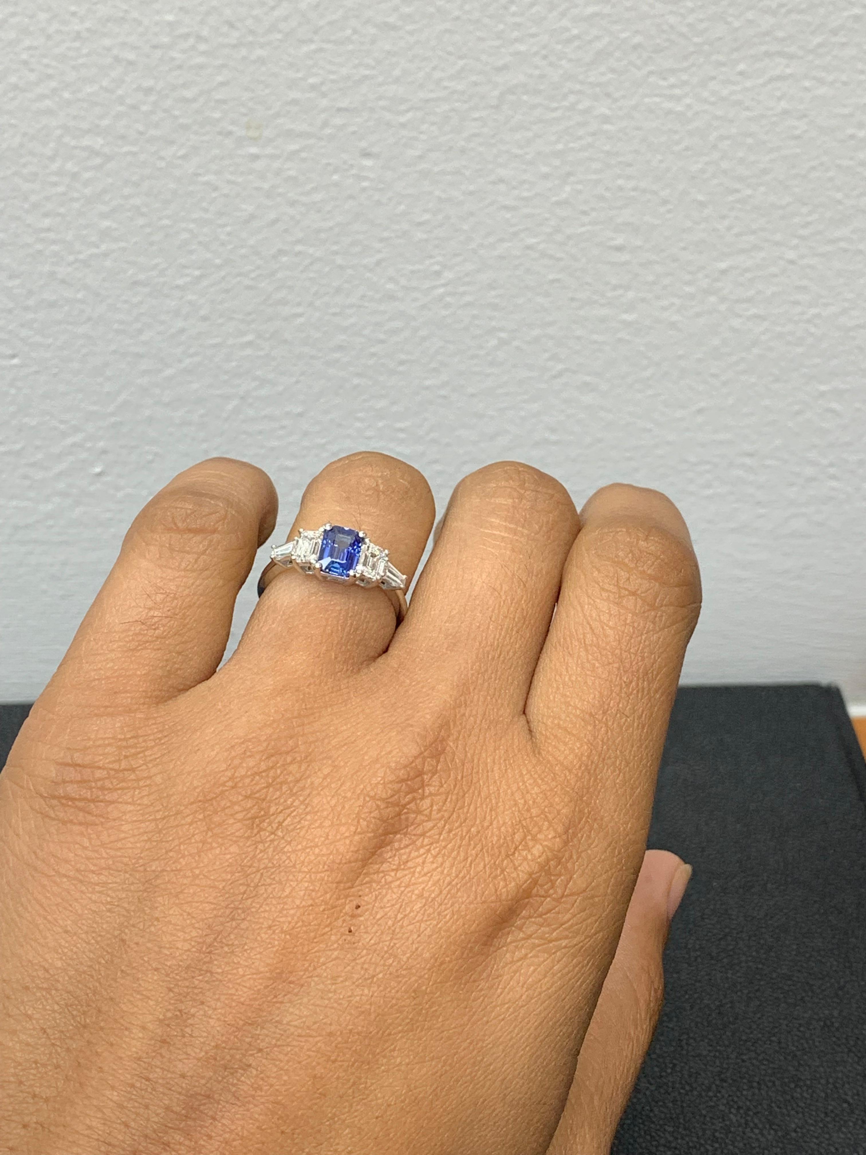1.12 Carat Emerald Cut Blue Sapphire and Diamond 5 Stone Ring in 14K White Gold For Sale 4