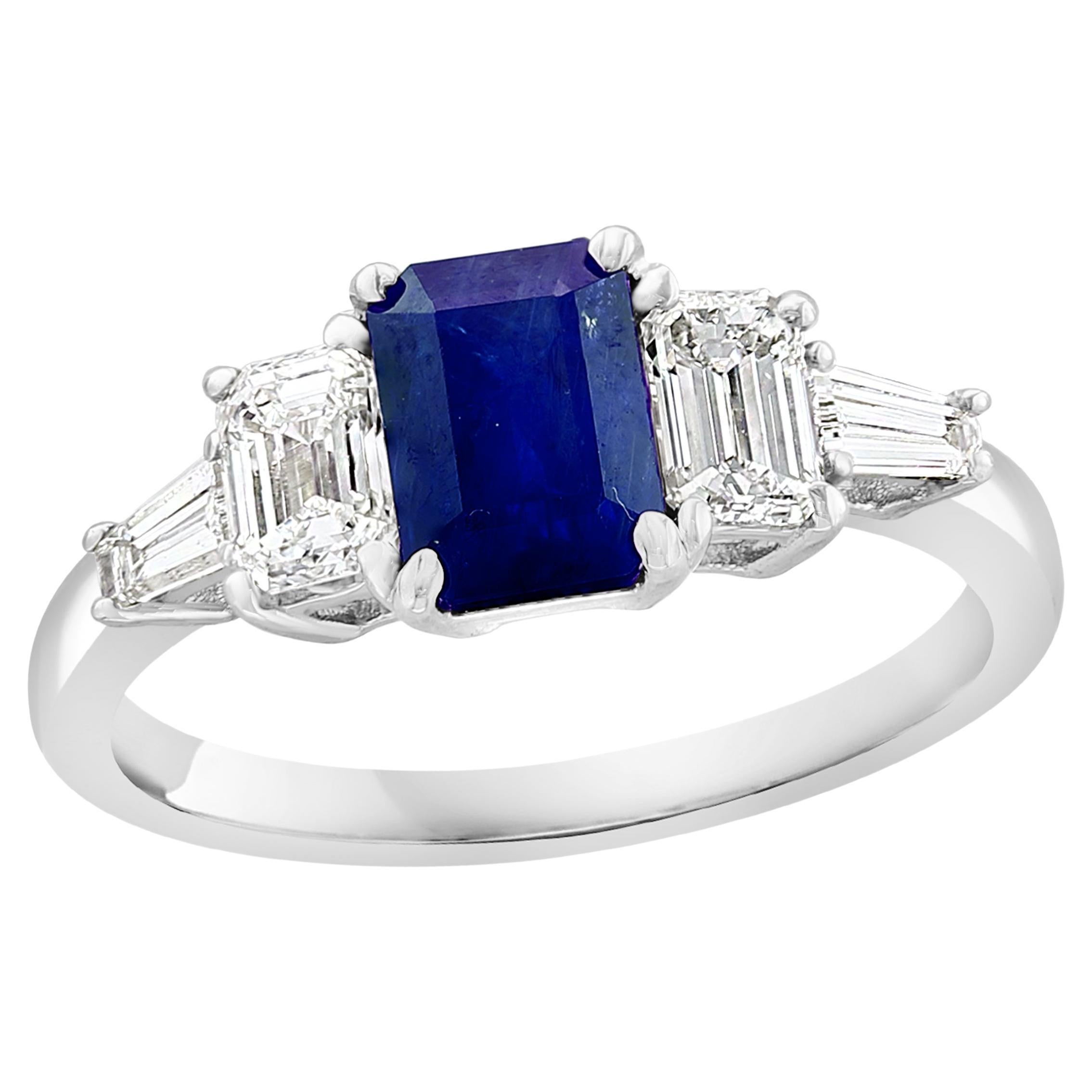 1.12 Carat Emerald Cut Blue Sapphire and Diamond 5 Stone Ring in 14K White Gold For Sale