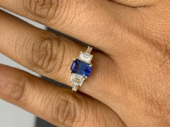 1.12 Carat Emerald Cut Blue Sapphire and Diamond 5 Stone Ring in 14K Yellow Gold