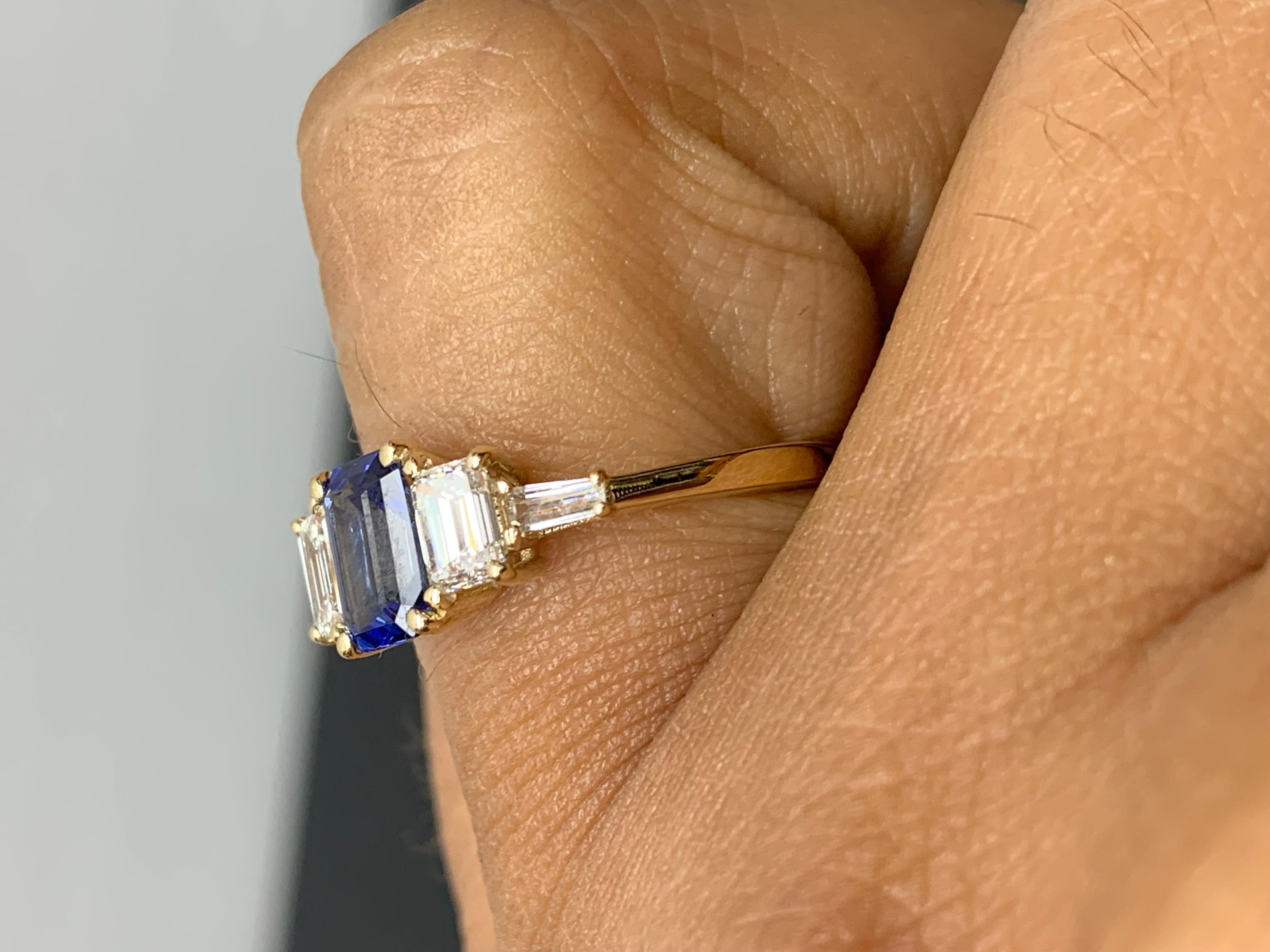 1.12 Carat Emerald Cut Blue Sapphire and Diamond 5 Stone Ring in 14K Yellow Gold For Sale 1