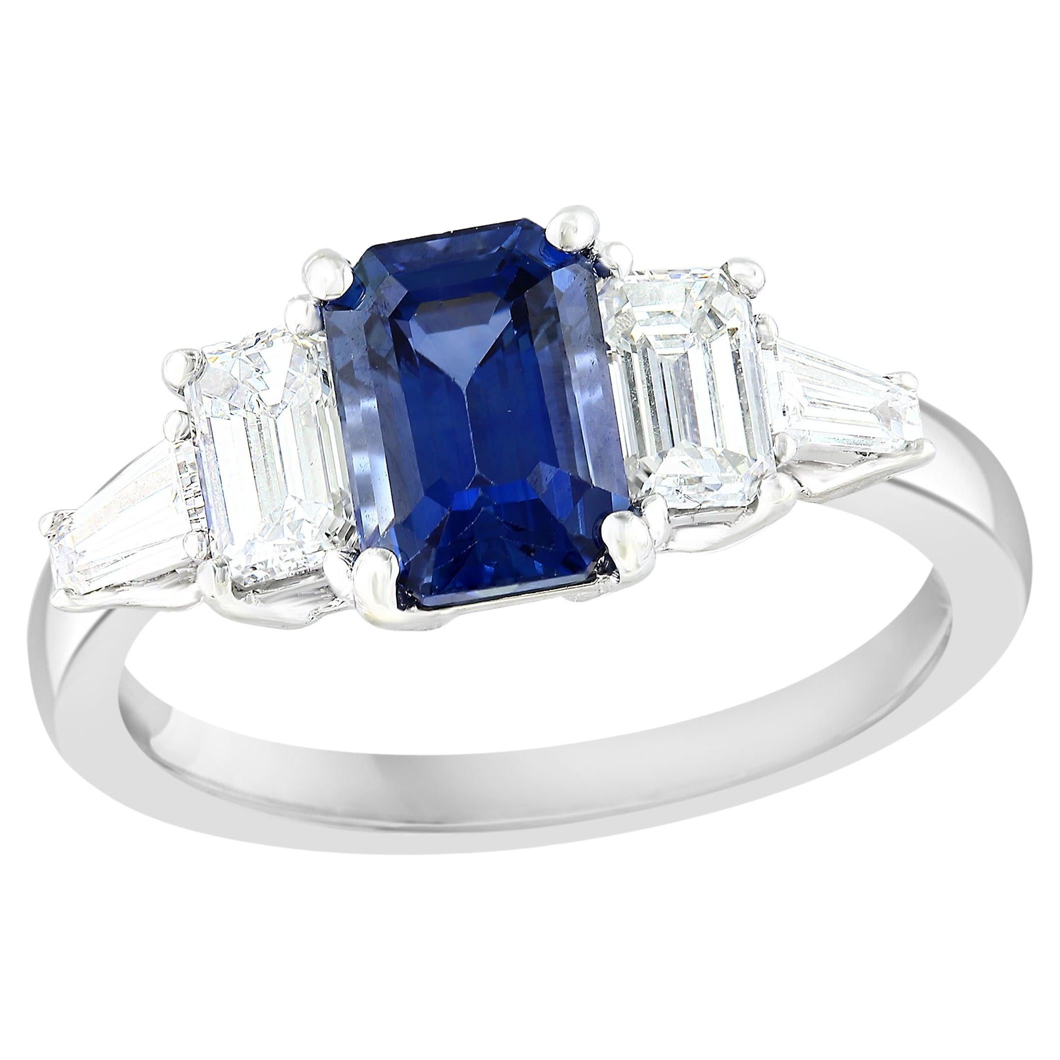 1.12 Carat Emerald Cut Sapphire and Diamond 5 Stone Ring in 14k White Gold For Sale